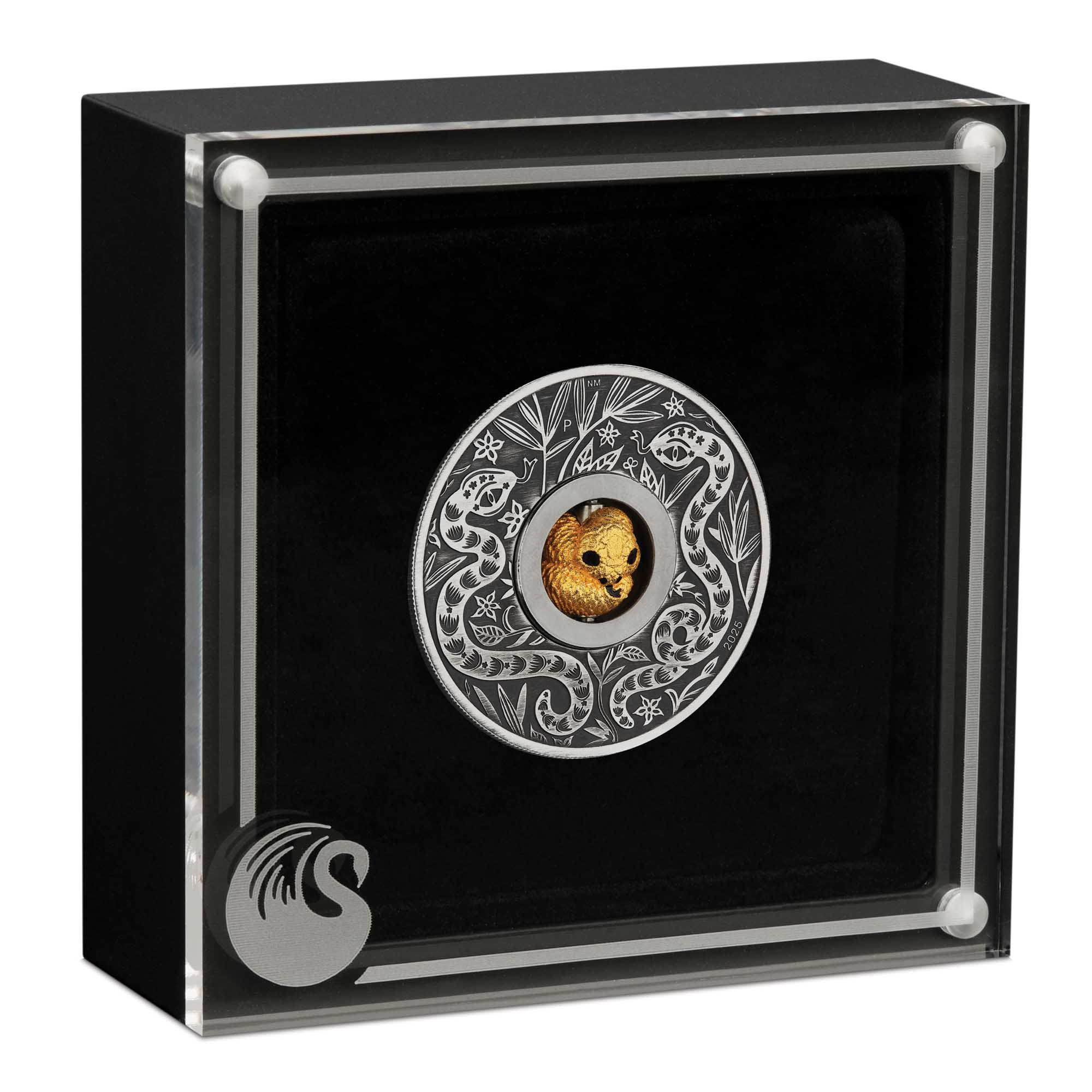 05 Year of the Snake Rotating Charm 2025 1oz Silver Antiqued Coin in case HighRes