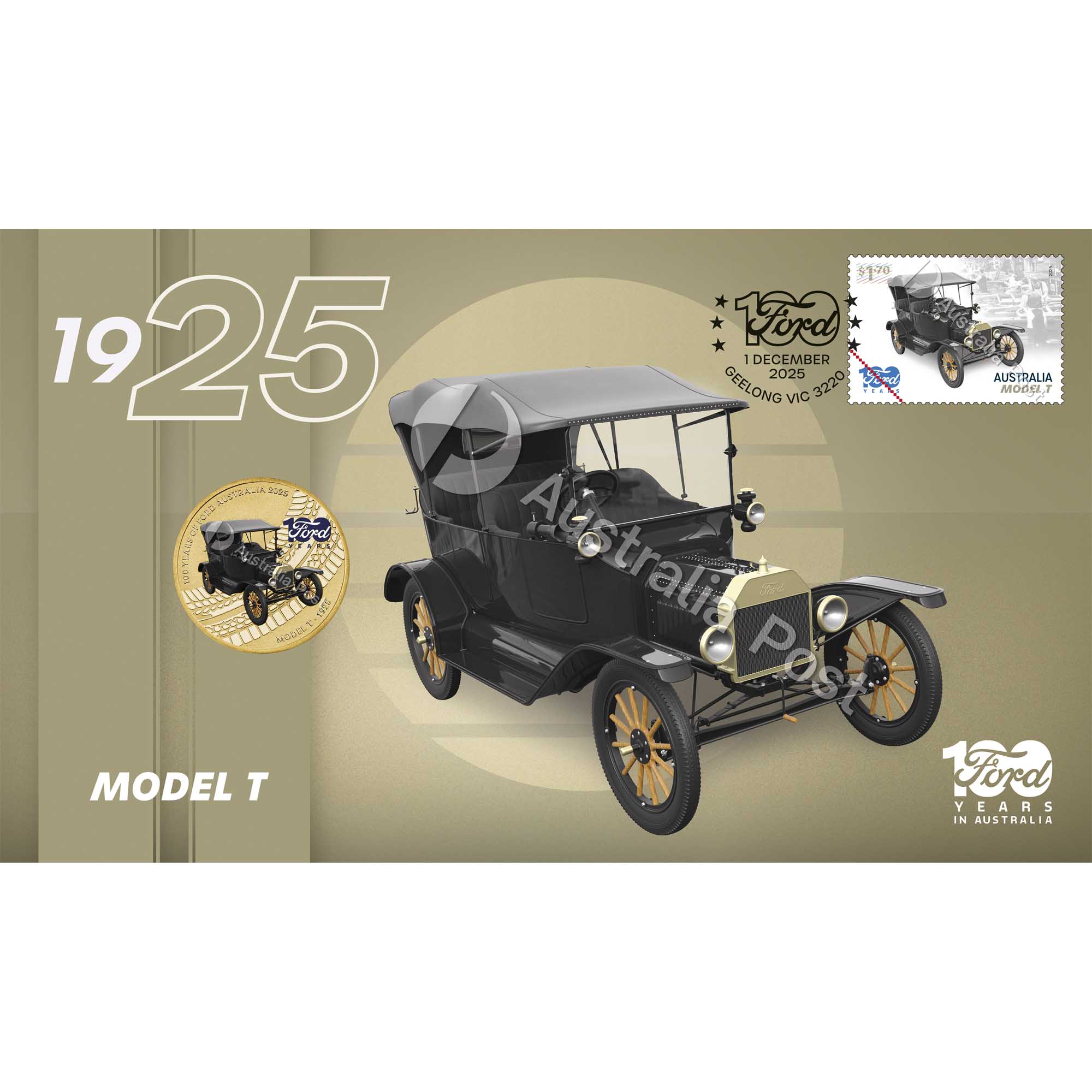 1 25V91AAD 100 Years of Ford Australia Model T 2025 Stamp and Coin Cover PNCFront