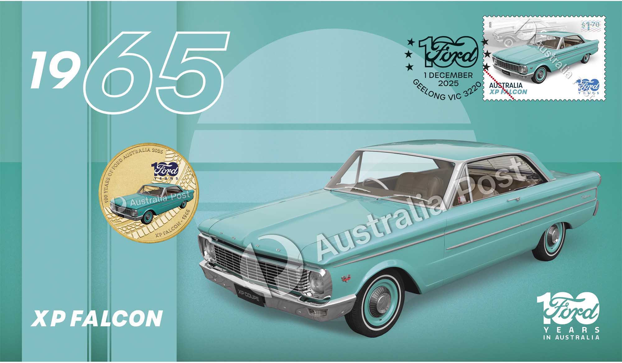 6 25V91BAD 100 Years of Ford Australia XP Falcon 2025 Stamp and Coin Cover PNCFrontCropped
