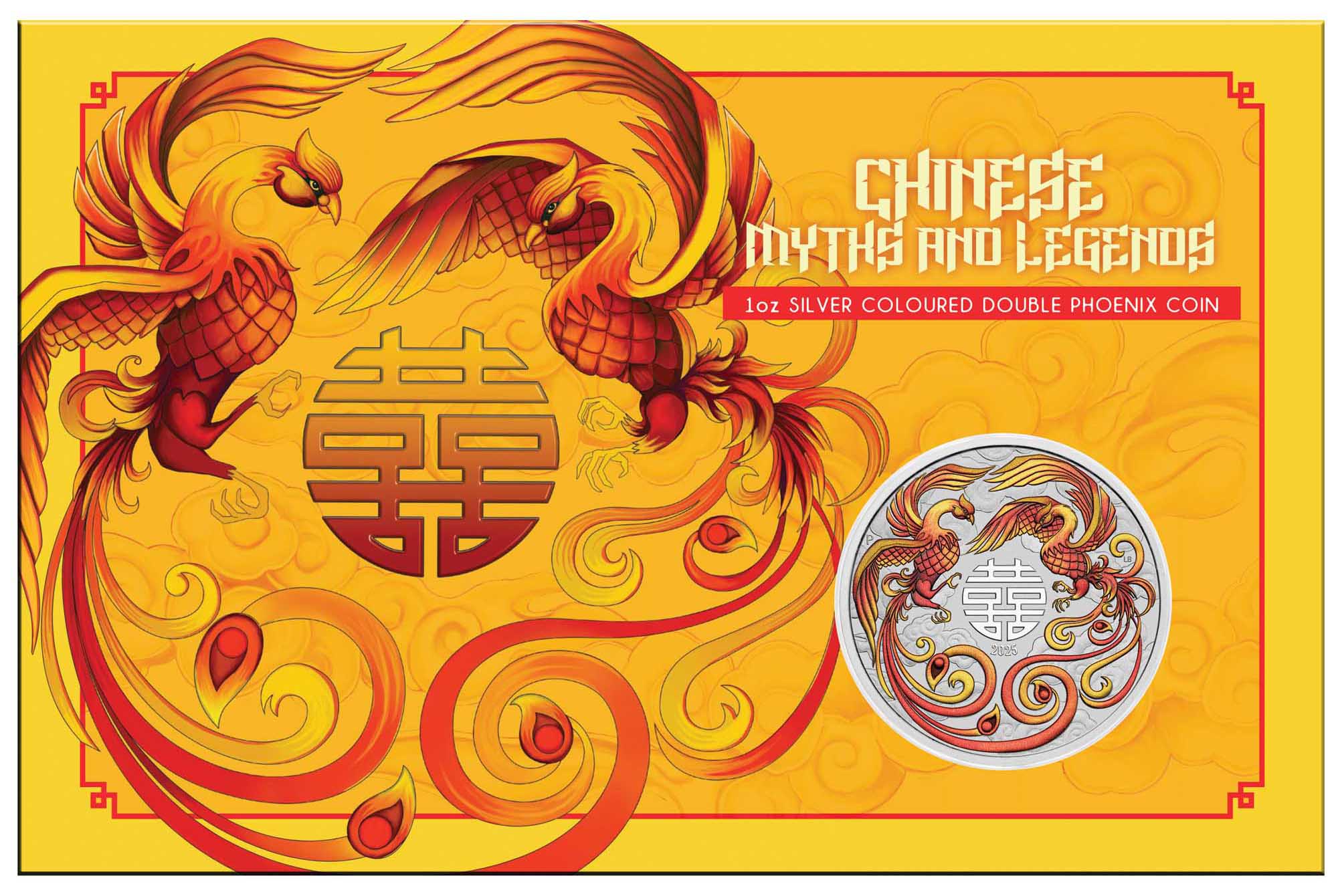 CROPPED 2025 Double Phoenix 1oz Silver Red and Gold Coloured Coin in Card Reverse In Card Front