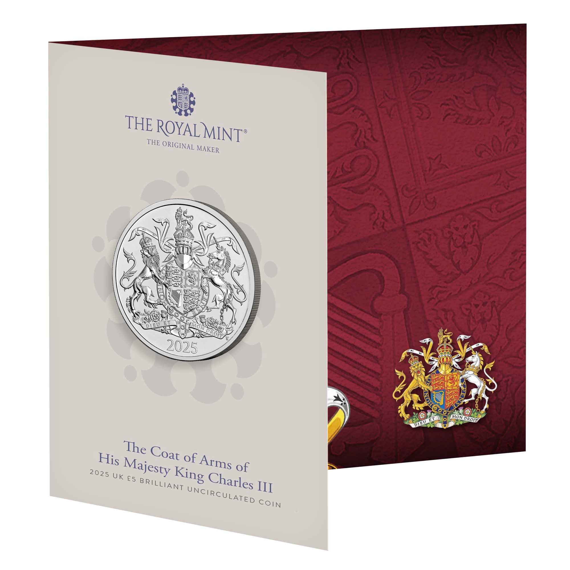 1 25X94AAA The Coat of Arms of HM King Charles III 2025 UK £5 Brilliant Uncirculated Coin InCard