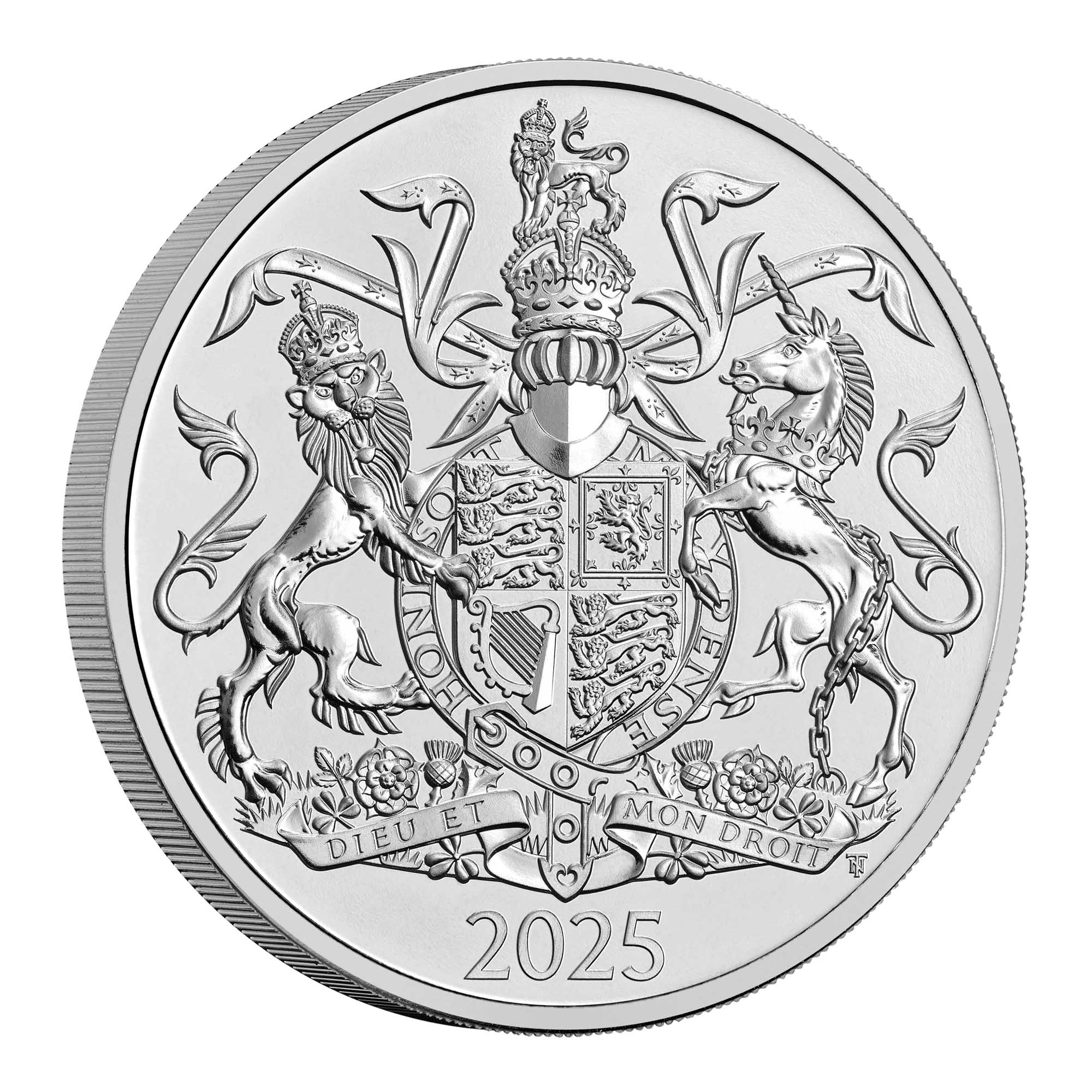 2 25X94AAA The Coat of Arms of HM King Charles III 2025 UK £5 Brilliant Uncirculated Coin RevOnEdge