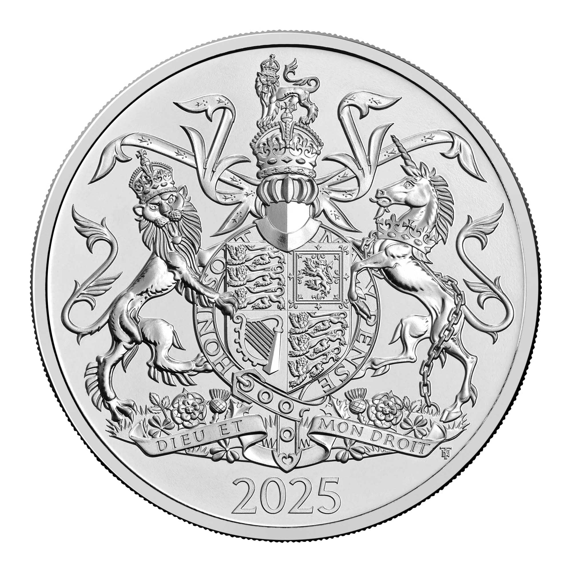 3 25X94AAA The Coat of Arms of HM King Charles III 2025 UK £5 Brilliant Uncirculated Coin RevStraightOn