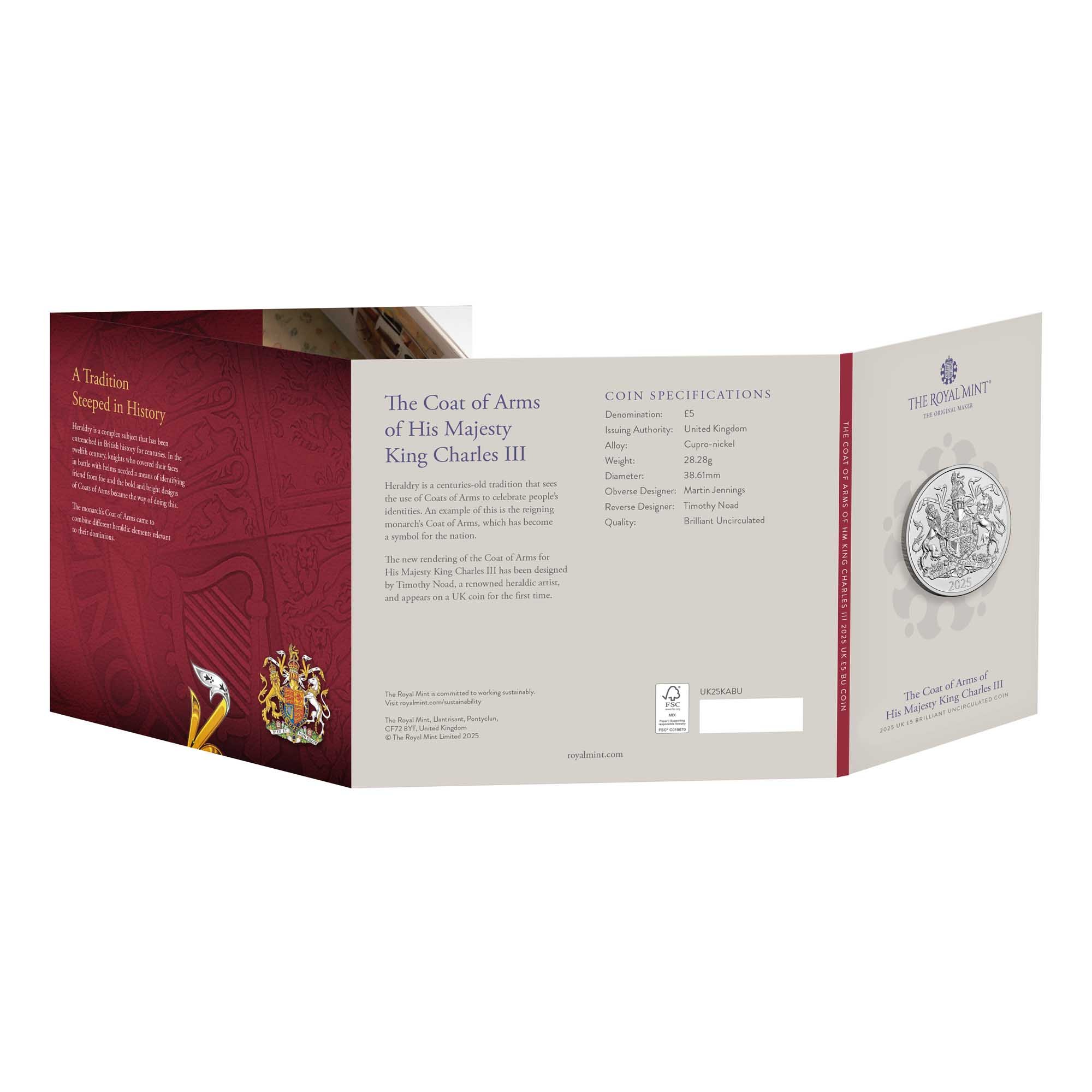 6 25X94AAA The Coat of Arms of HM King Charles III 2025 UK £5 Brilliant Uncirculated Coin InCardBack