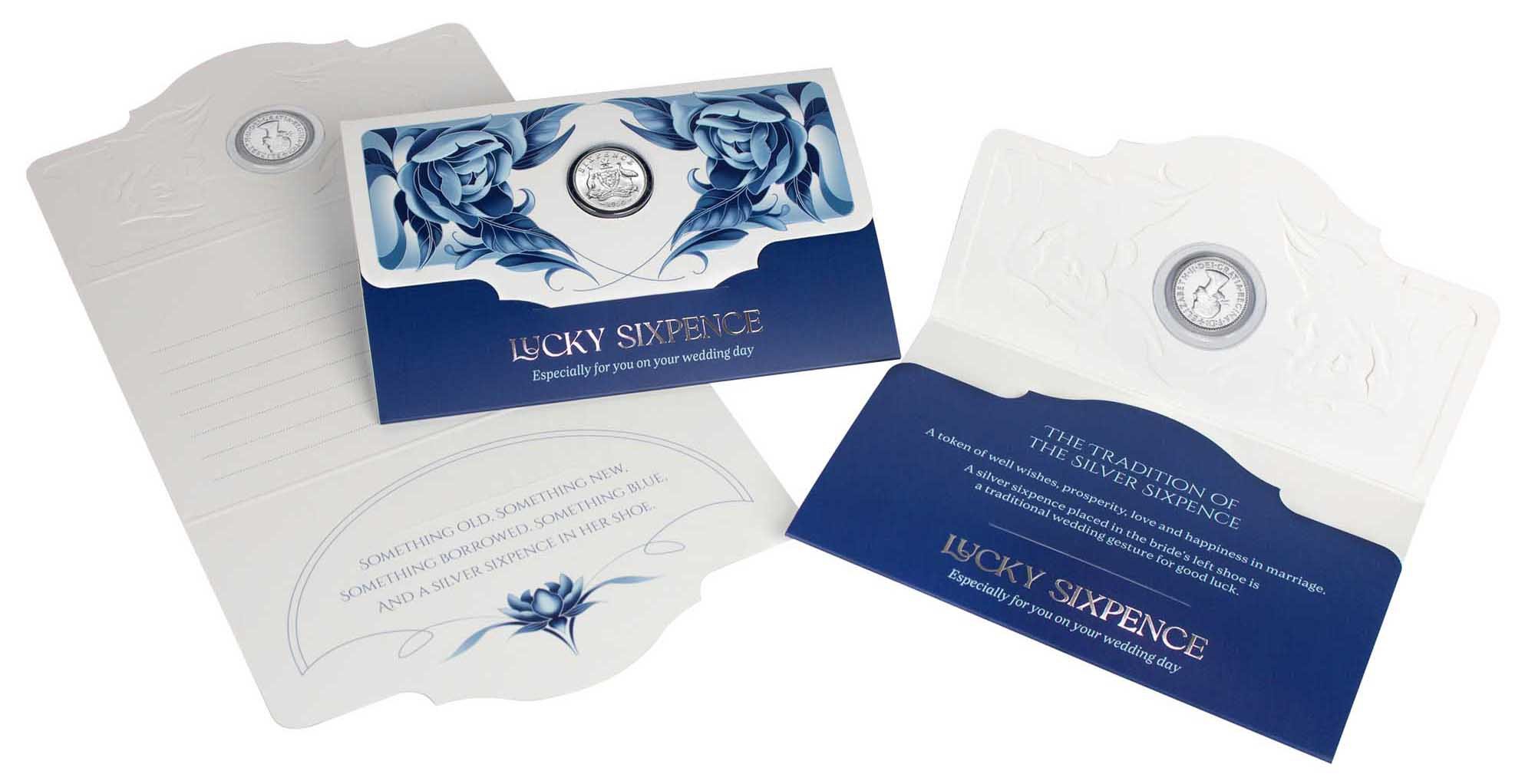 7 25Y47AAA Wedding Lucky Silver Sixpence Packaging Cropped