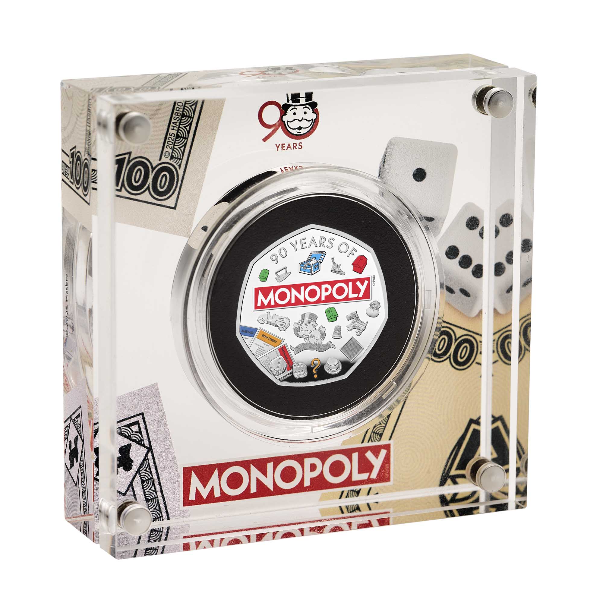 UK25MOSP   Monopoly 2025 UK 50p Silver Proof Colour Coin Acrylic Block Angle