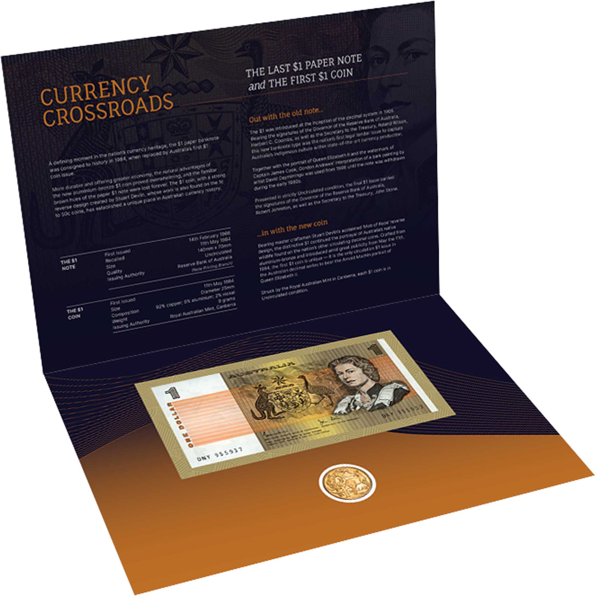 2 25Y81AAA Australia 1 Dollar Last Note and First Coin Uncirculated Pack InCardOpen