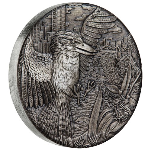 01 australian kookaburra rimless 2018 2oz silver antiqued high relief OnEdge