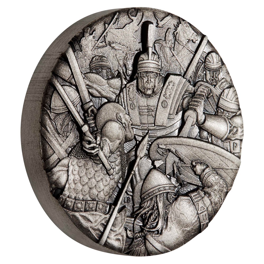 01 warfare roman legion rimless 2018 2oz silver antiqued high relief OnEdge
