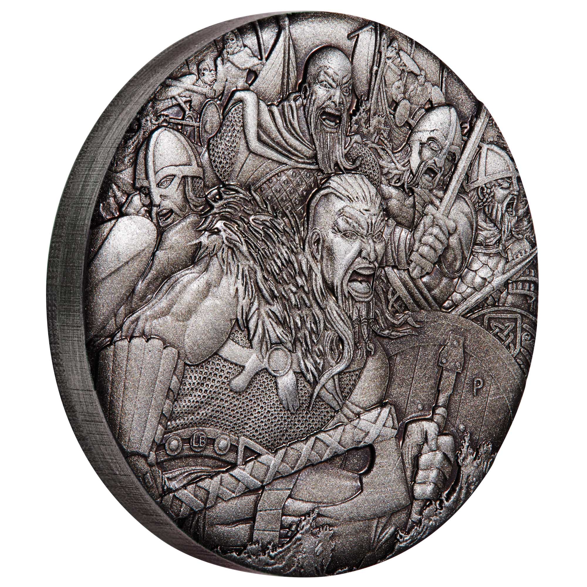 01 warfare vikings rimless 2018 2oz silver antiqued high relief OnEdge