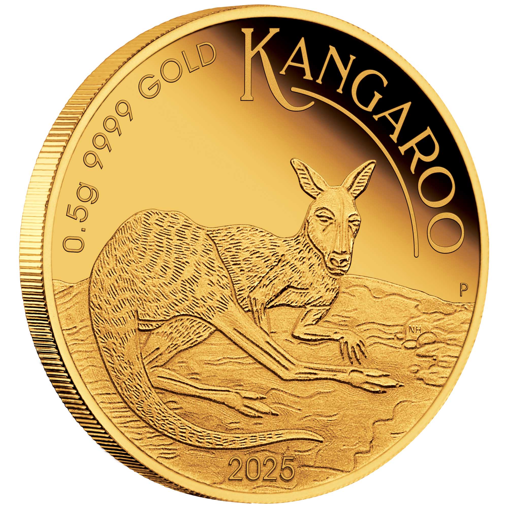 01 Australian Kangaroo 2025 0.5g Gold Proof Coin in Card on edge HighRes
