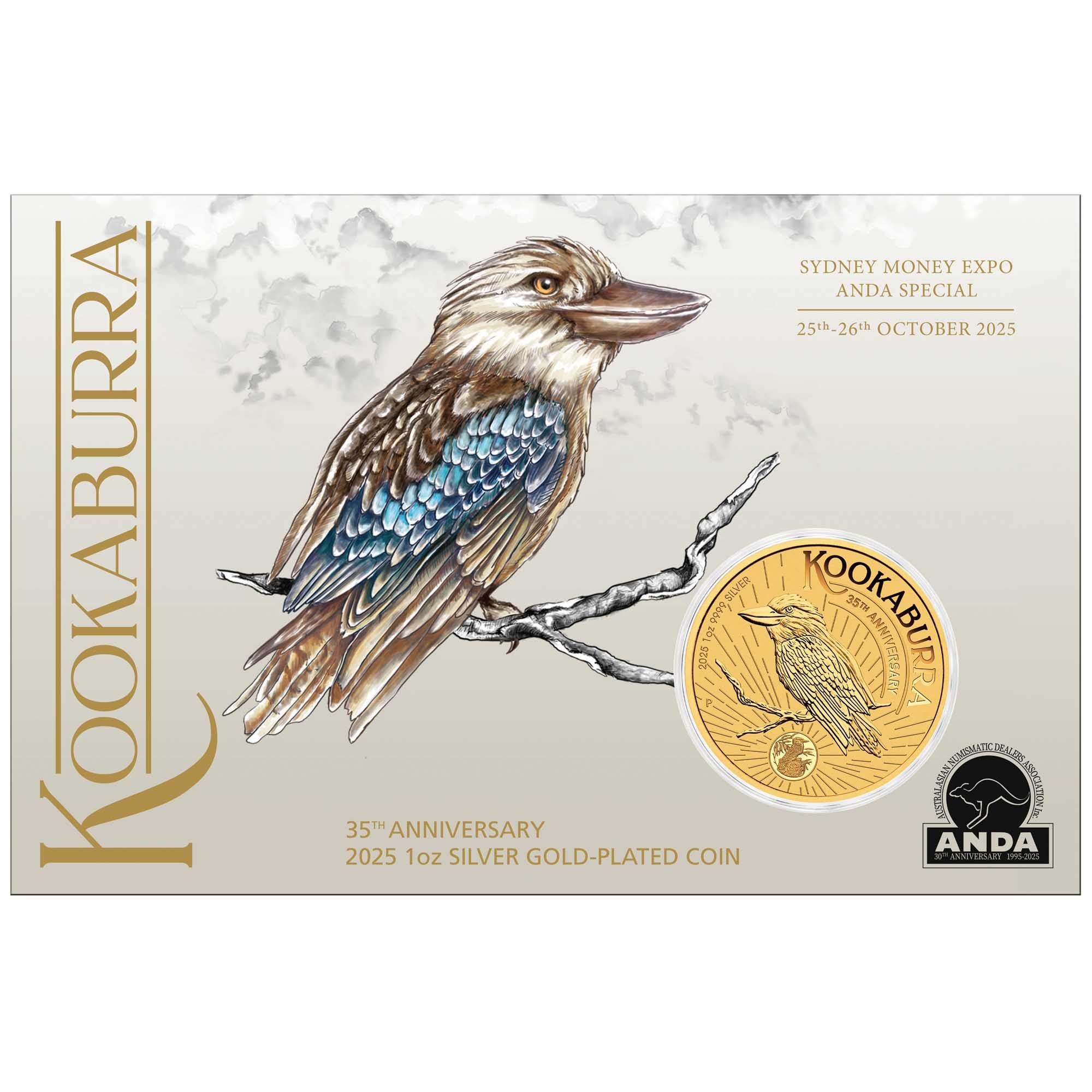 01 Sydney ANDA Show Special Australian Kookaburra 2025 1oz Silver Gold Plated Coin with Privy In Card Reverse In Card Front HighRes