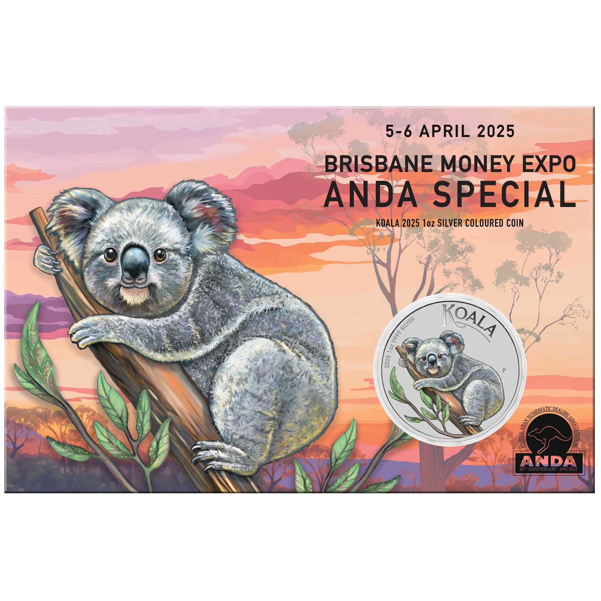 00 2025 Brisbane ANDA Show Special Koala – 1oz Silver Coloured Coin In Card Front HighRes