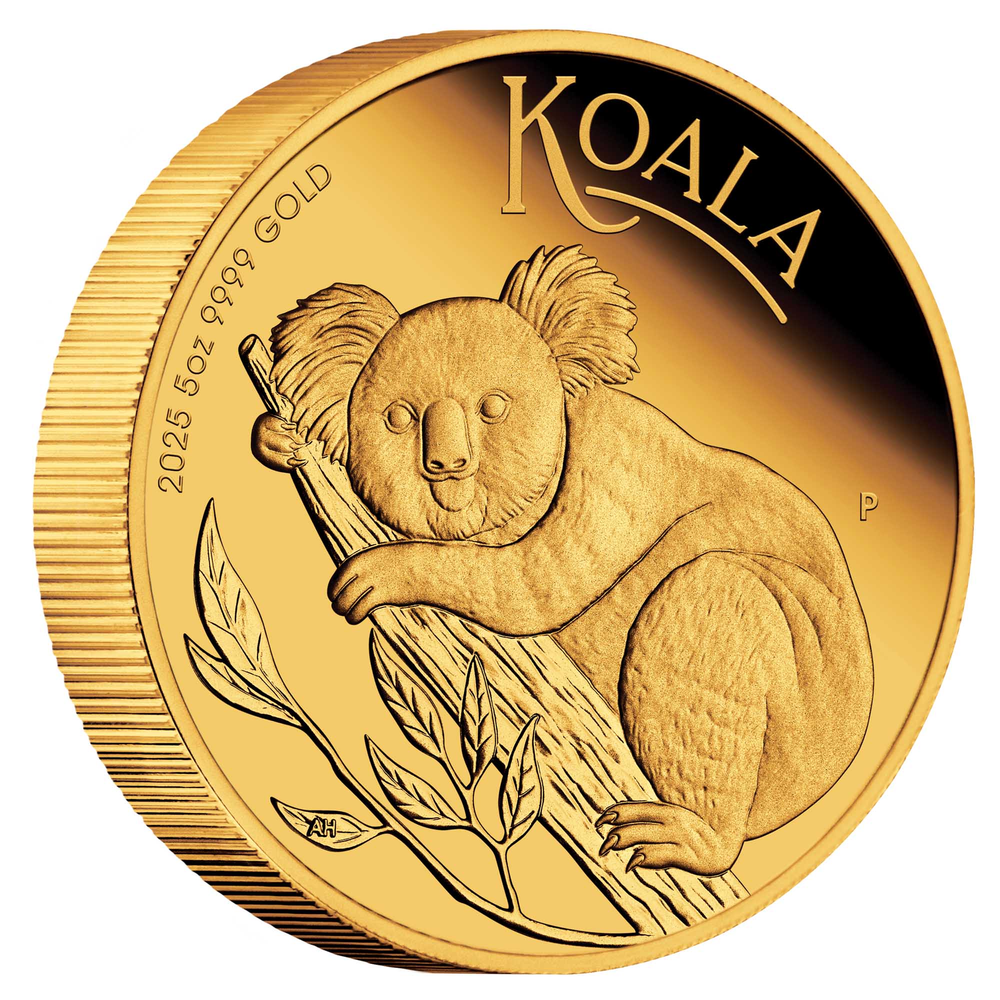 01 2025 Australian Koala 5oz Gold Proof Coin OnEdge HighRes