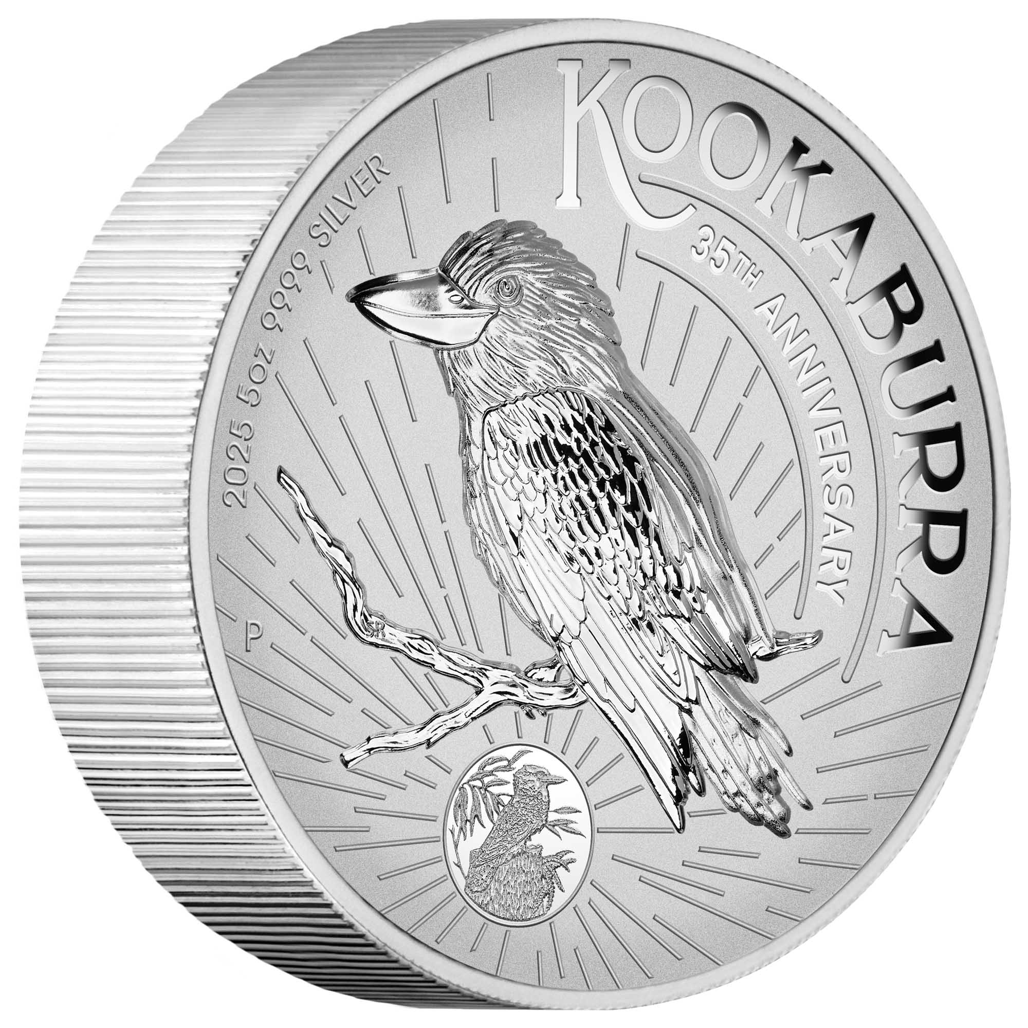 01 2025 Kookaburra 5oz Silver Proof HR Incused Coin On Edge HighRes