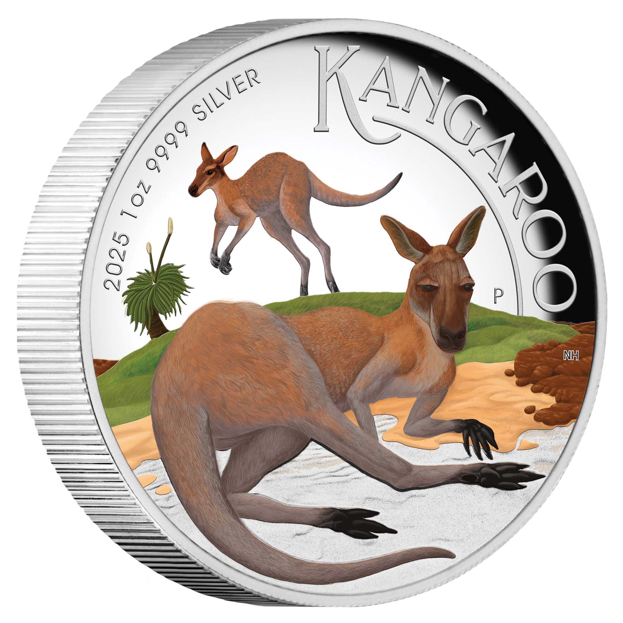 01 Australian Kangaroo 2025 1oz Silver Proof High Relief Coloured Coin OnEdge HighRes
