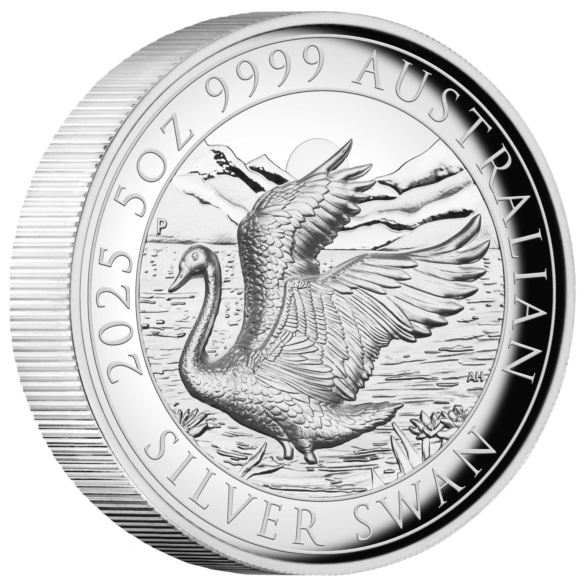 06 Australian Swan 2025 5oz Silver Proof HR Coin On Edge HighRes