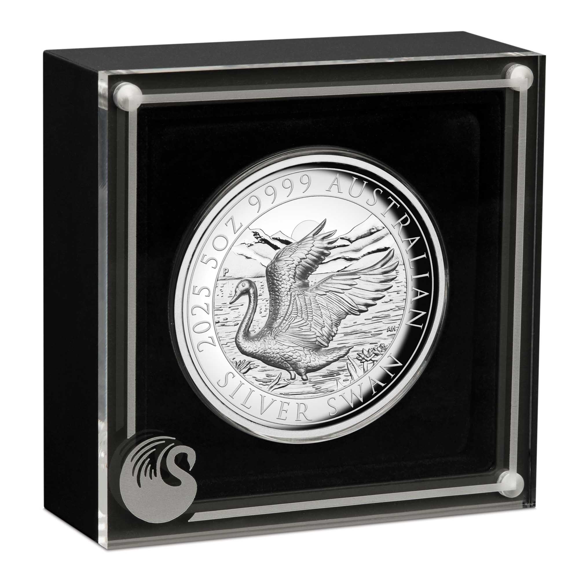 09 Australian Swan 2025 5oz Silver Proof HR Gilded Coin in case HighRes