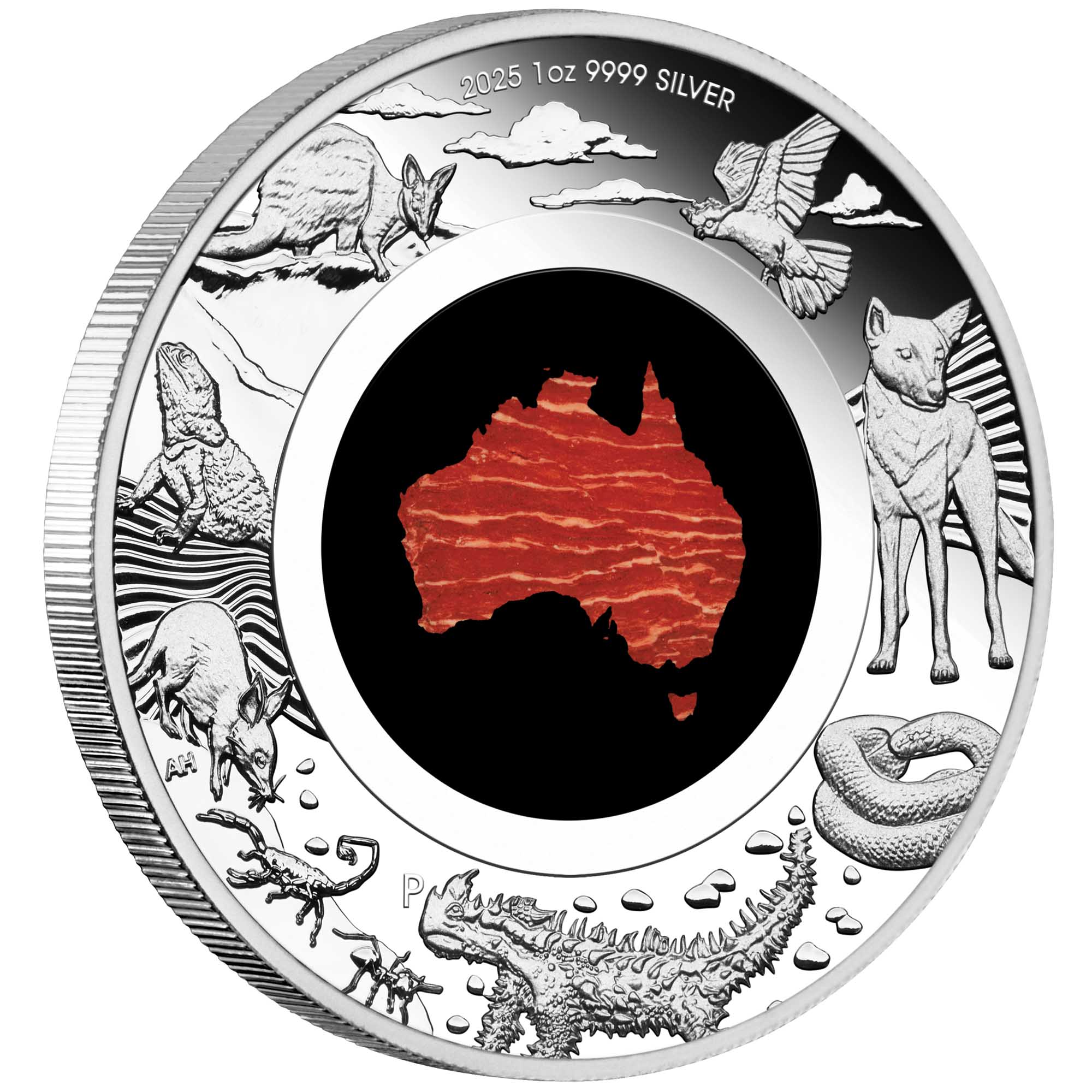 01 Great Southern Land 2025 1oz Silver Proof  Snakeskin Jasper Coin On Edge HighRes