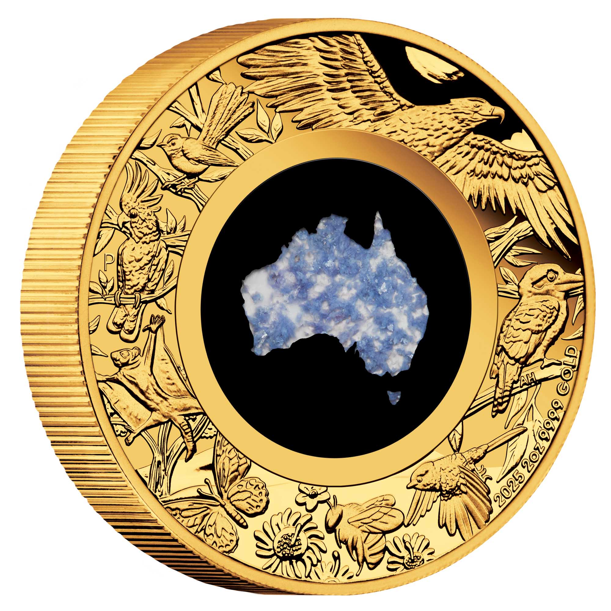 06 Great Southern Land 2025 2oz Gold Proof  Blue Lepidolite Coin On Edge HighRes