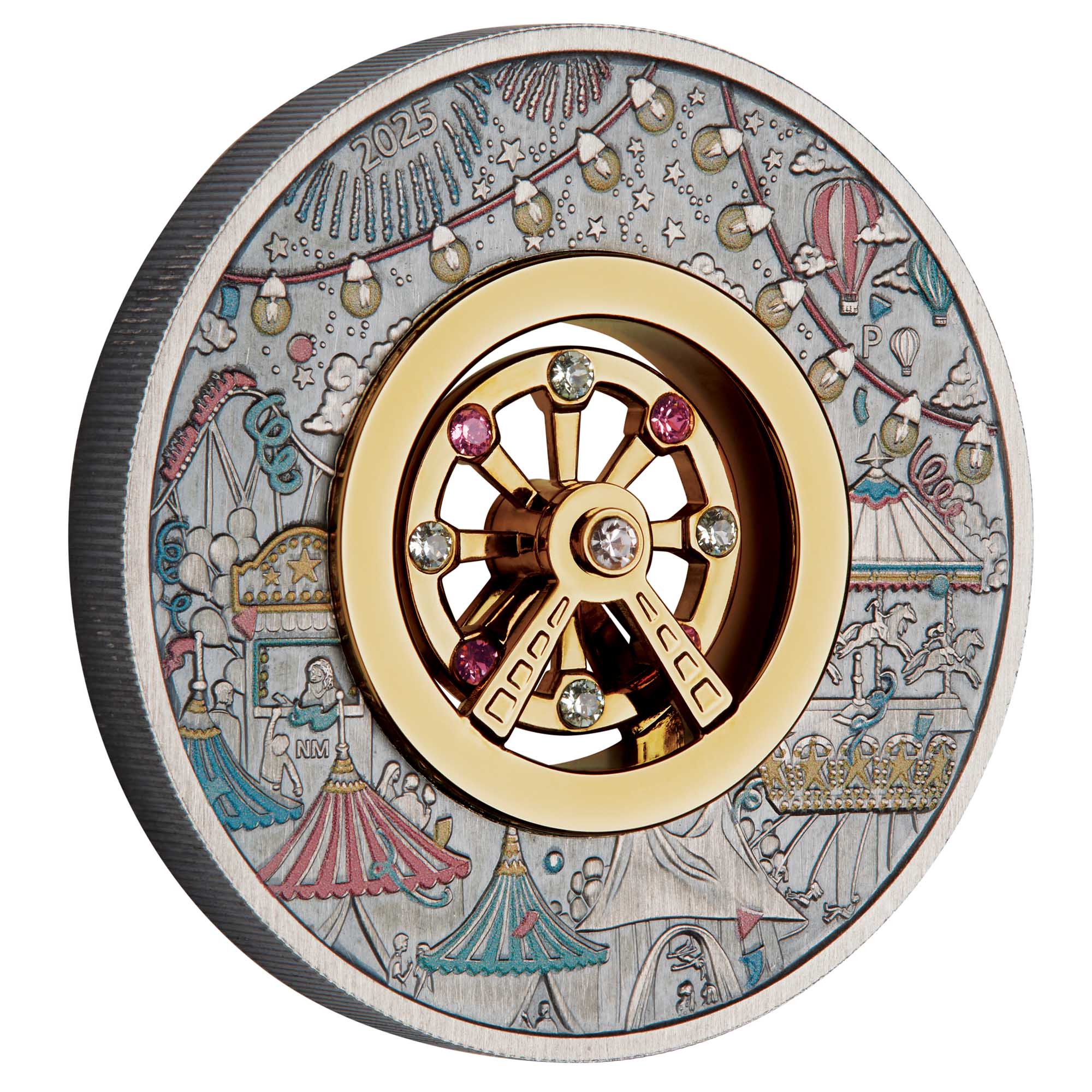 01 Ferris Wheel 2025 2oz Silver Antiqued Coloured Coin on edge HighRes