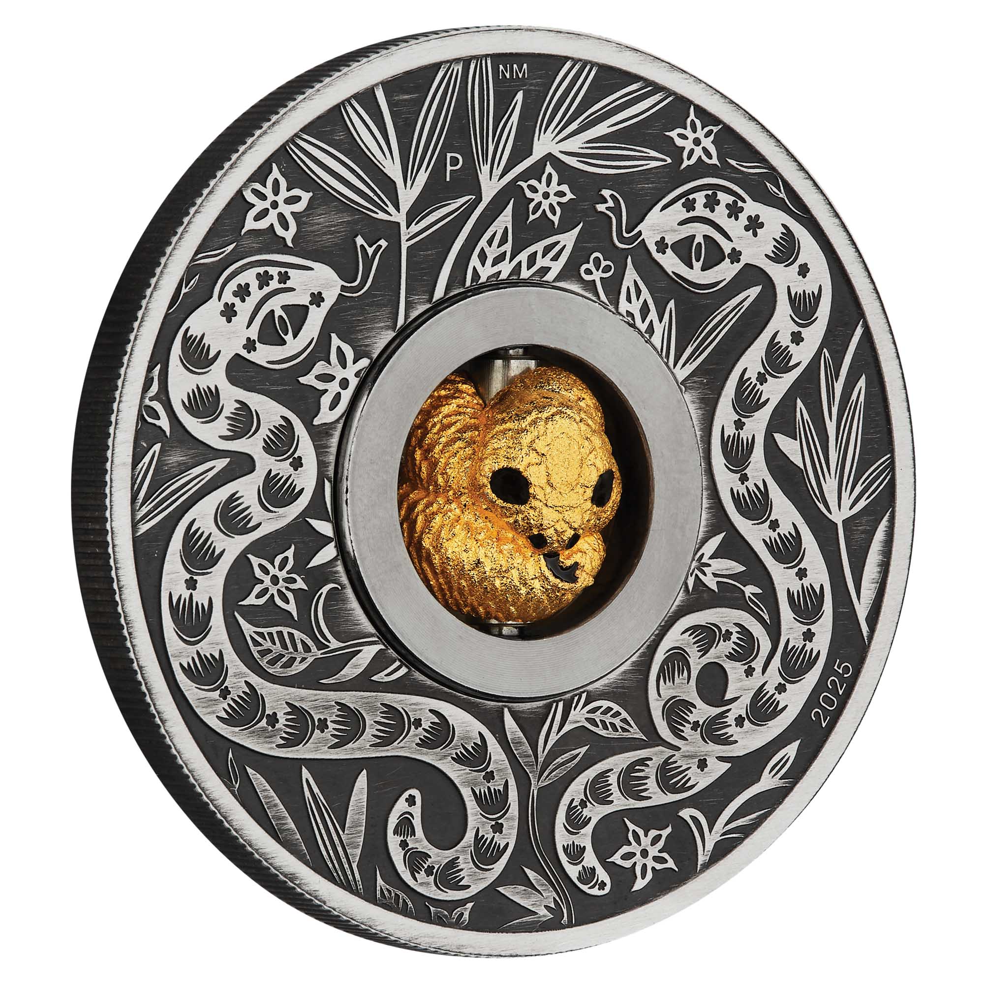 01 Year of the Snake Rotating Charm 2025 1oz Silver Antiqued Coin on edge HighRes