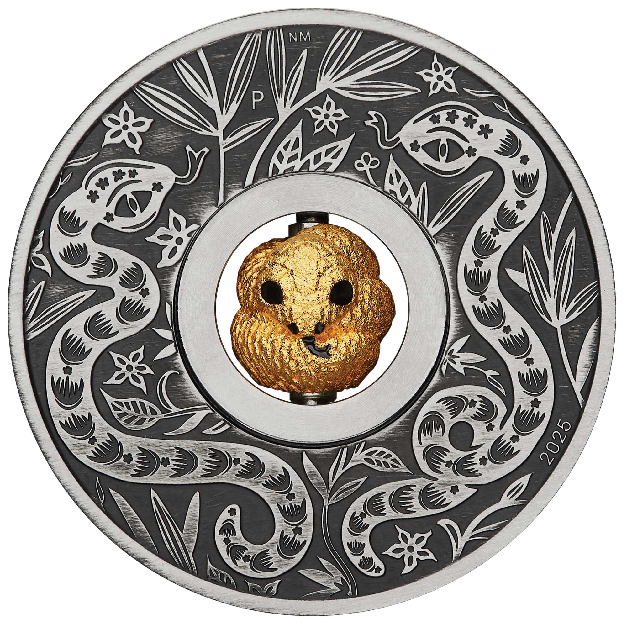 02 Year of the Snake Rotating Charm 2025 1oz Silver Antiqued Coin straight on HighRes