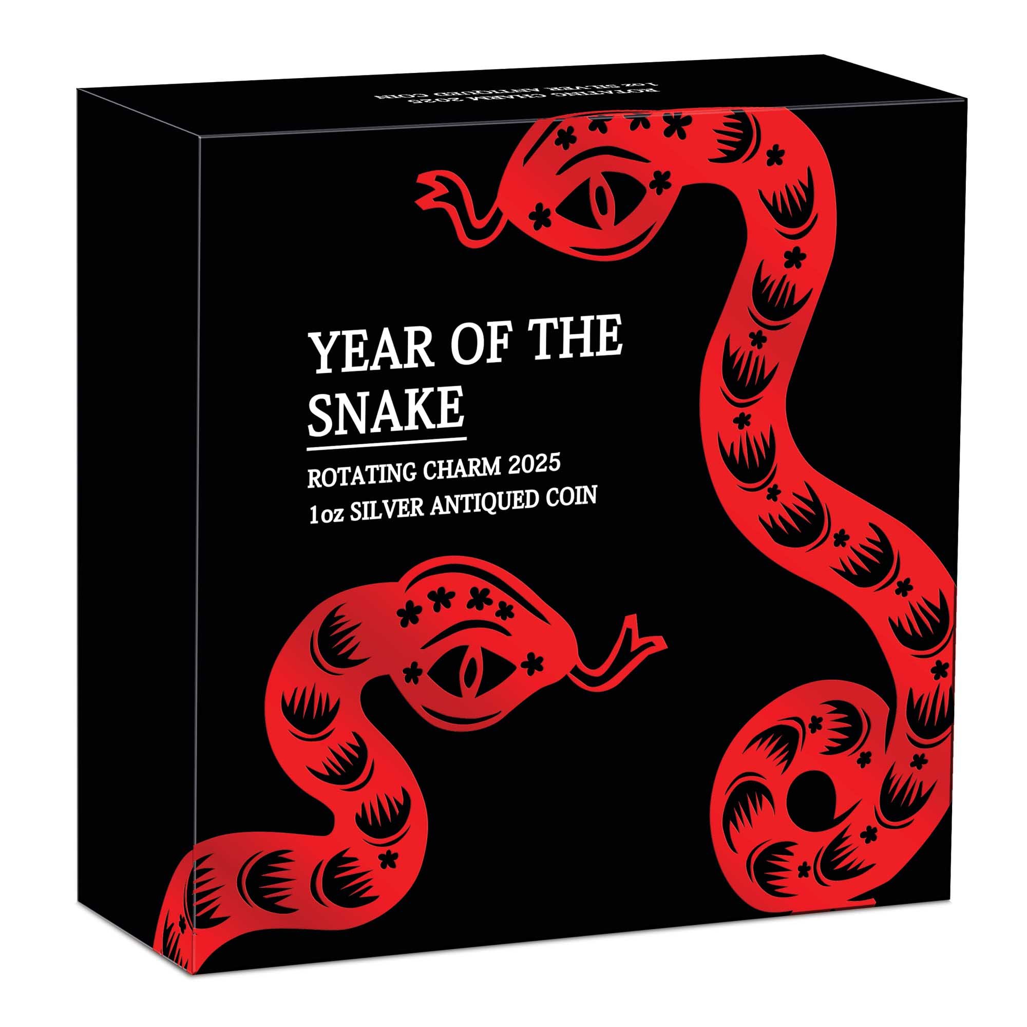 06 Year of the Snake Rotating Charm 2025 1oz Silver Antiqued Coin in shipper HighRes