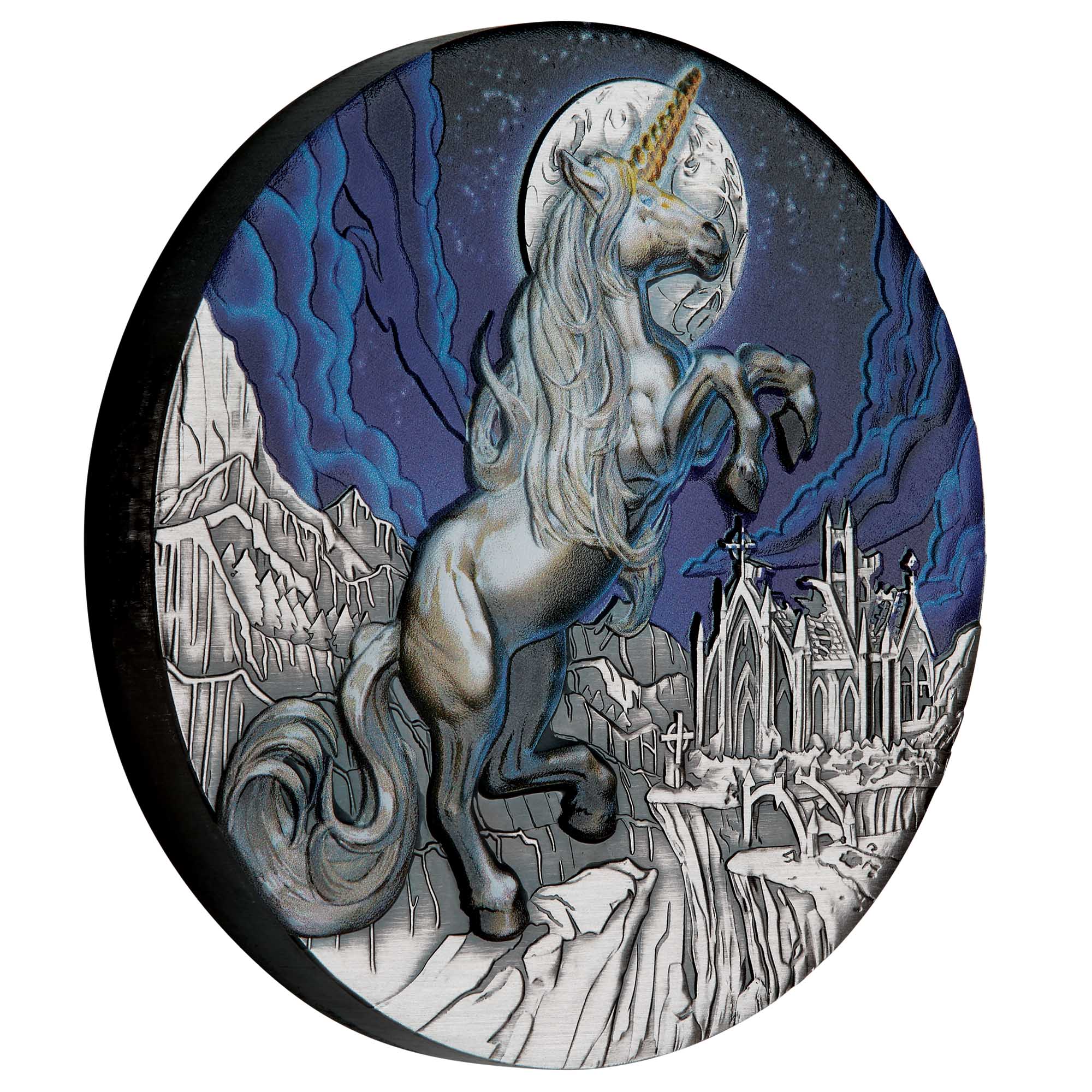 01 Mythical Creature Unicorn 2025 5oz Silver Antiqued Coloured Coin On Edge HighRes