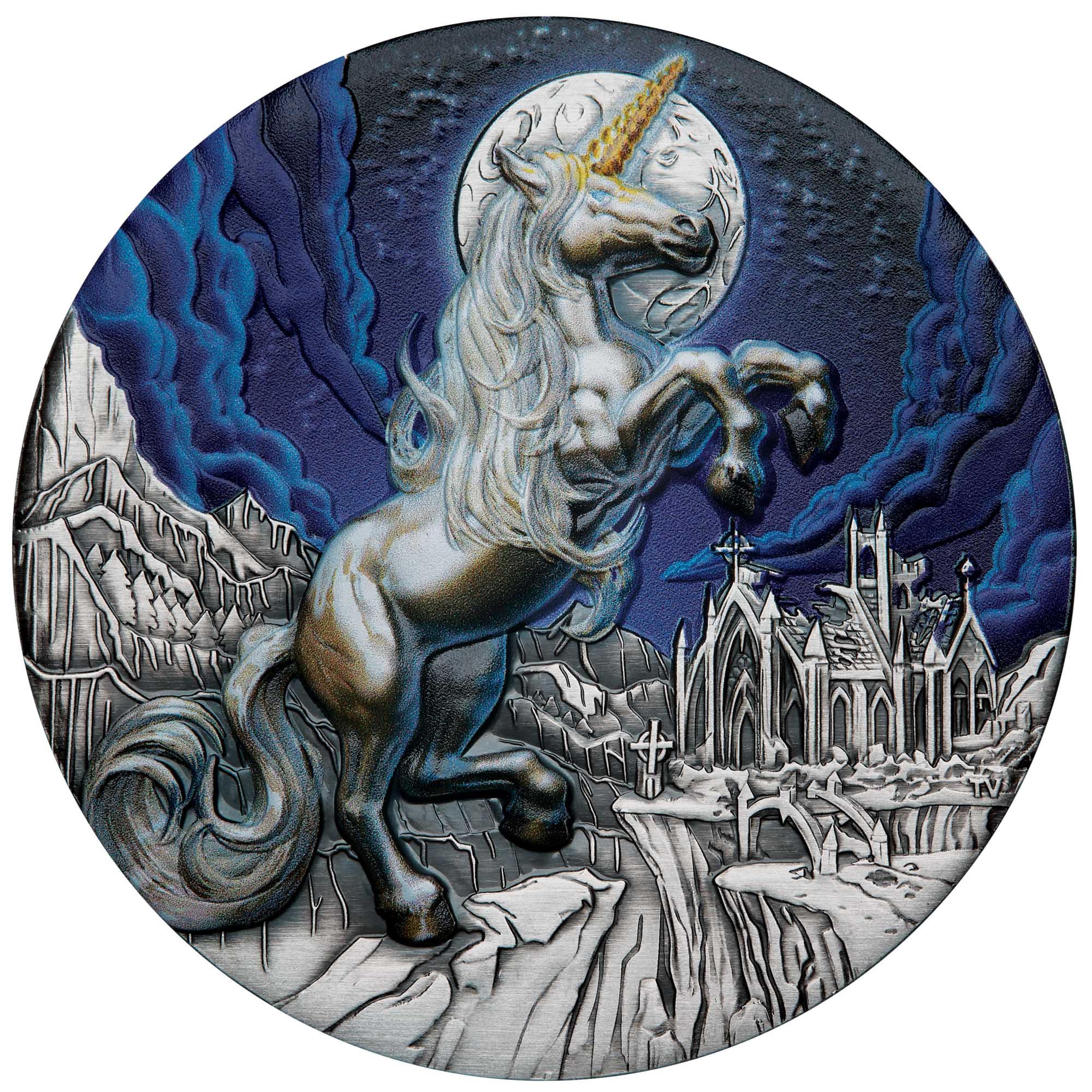 02 Mythical Creature Unicorn 2025 5oz Silver Antiqued Coloured Coin Straight On HighRes
