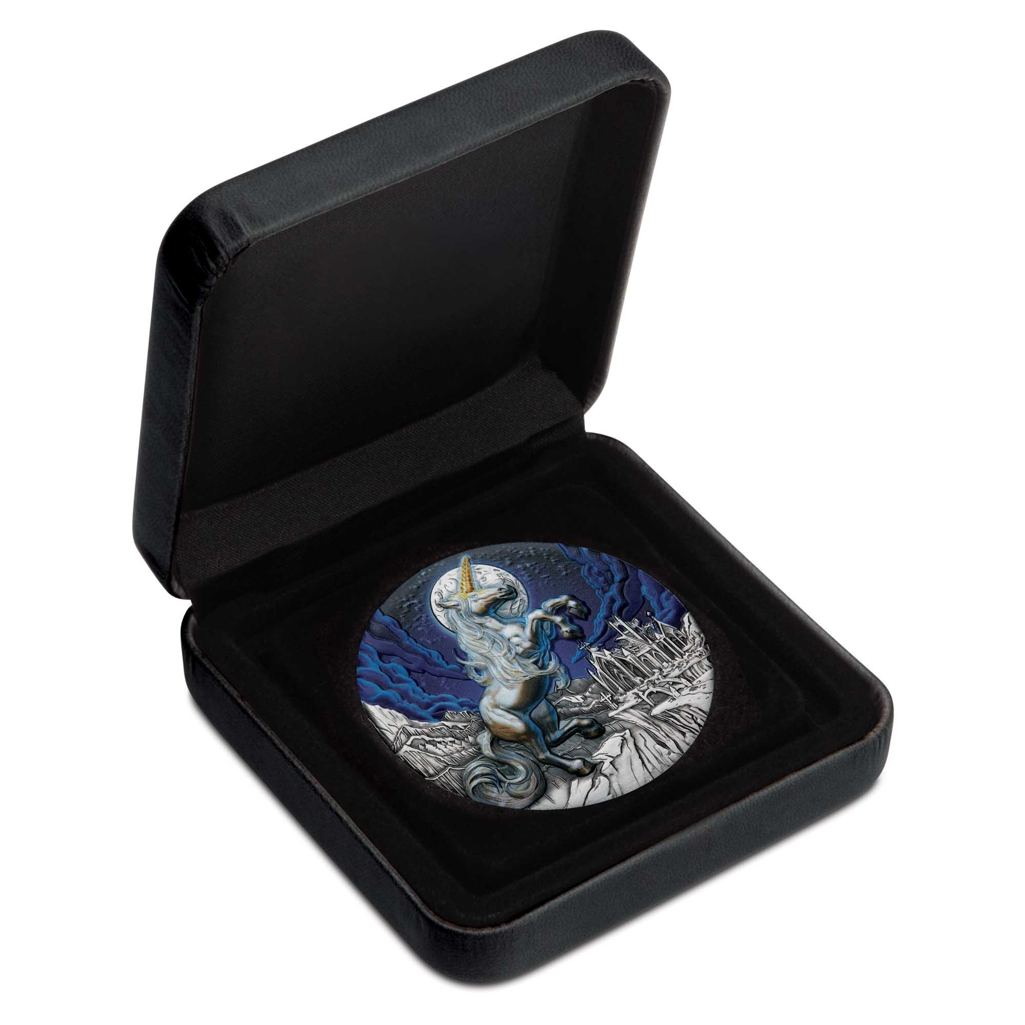04 Mythical Creature Unicorn 2025 5oz Silver Antiqued Coloured Coin In Case HighRes