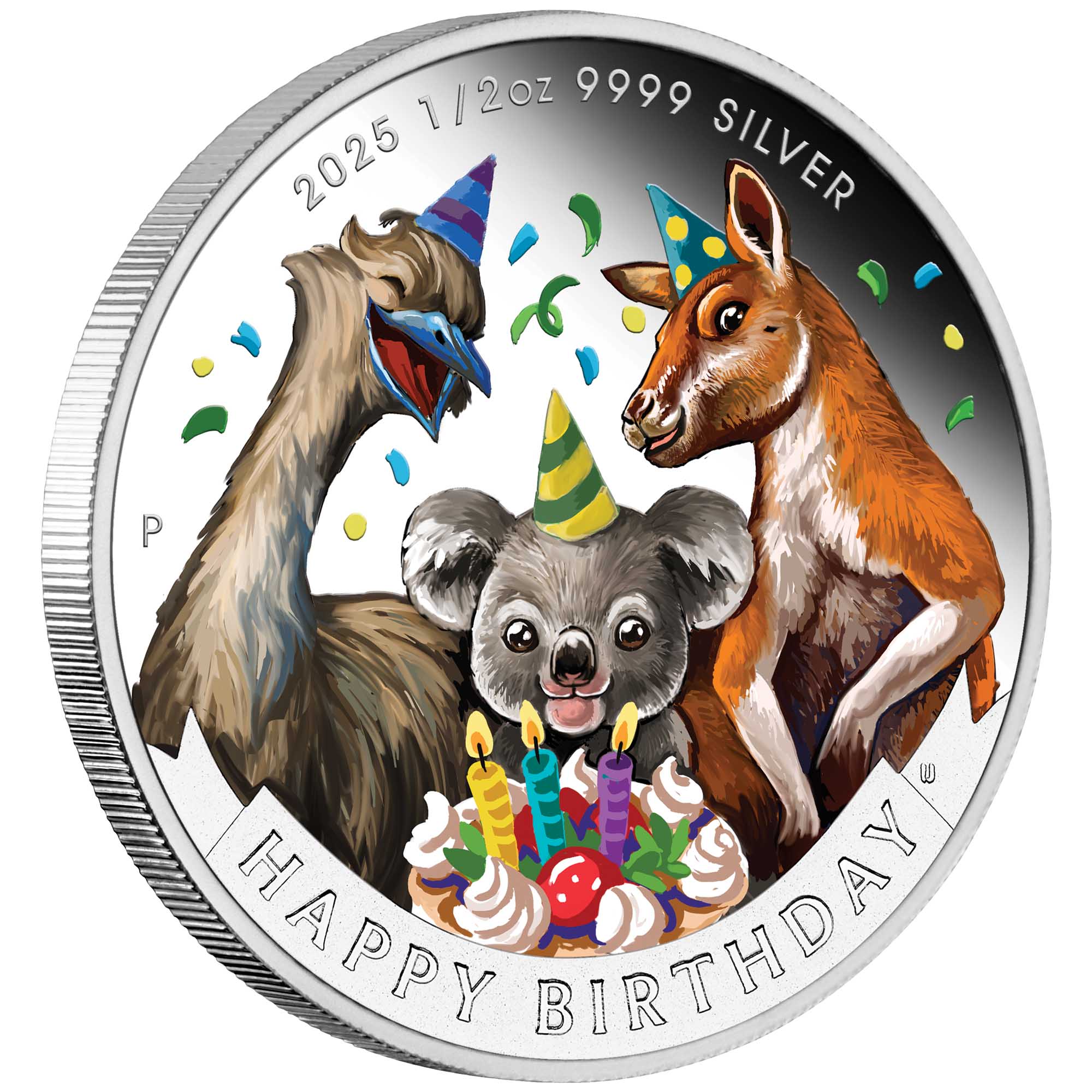 01 2025 Happy Birthday 1 2oz Silver Proof Coloured Coin In Card OnEdge HighRes