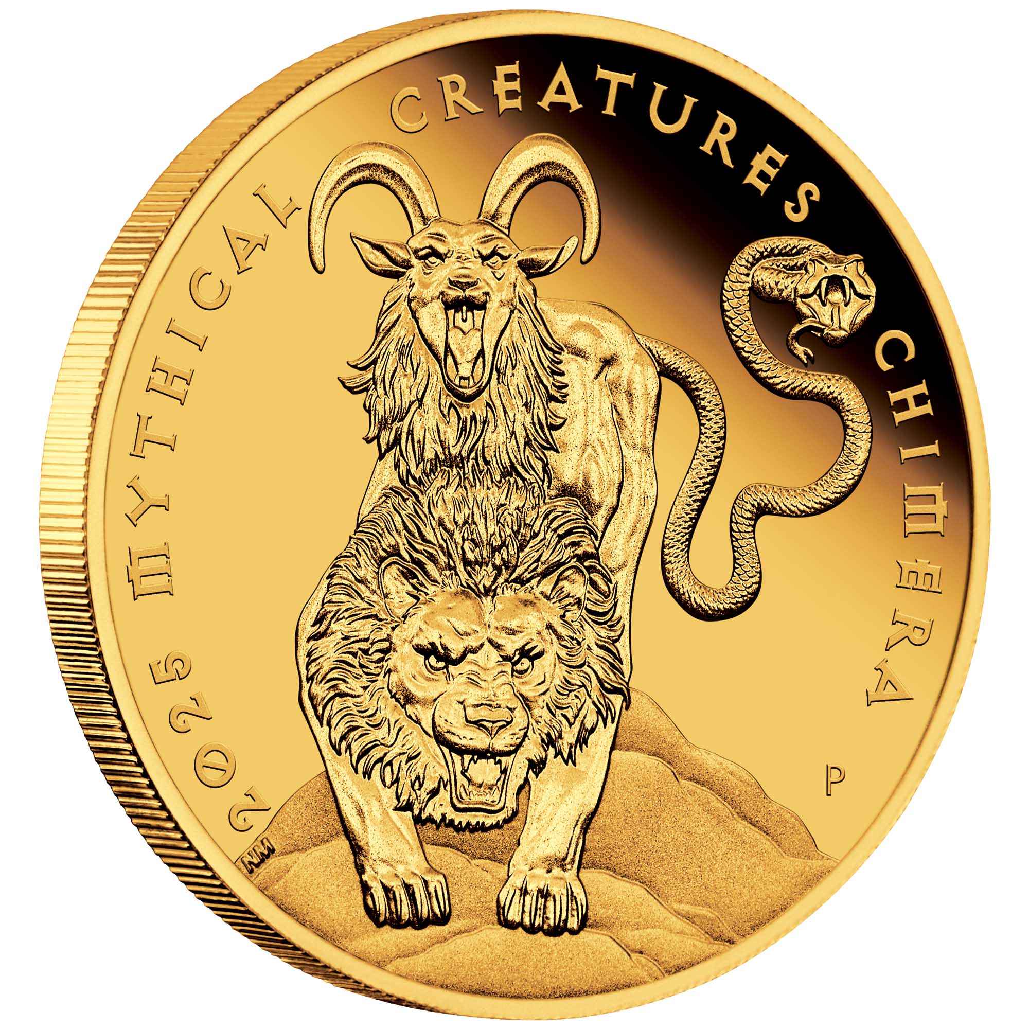 01 2025 Mythical Creatures Chimera 1oz Gold Proof Coin on edge HighRes