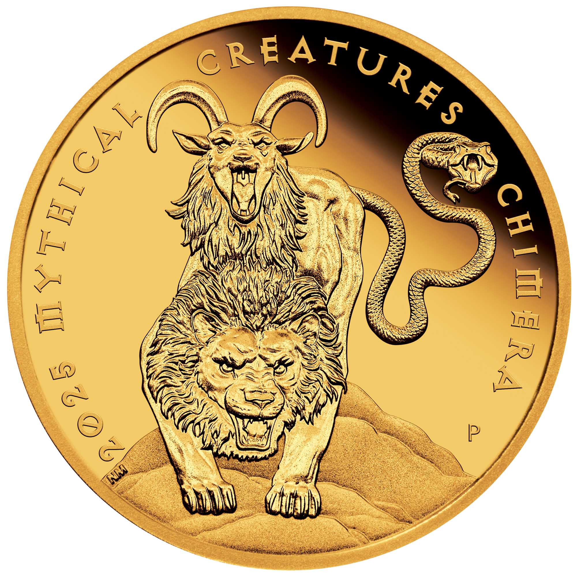 02 2025 Mythical Creatures Chimera 1oz Gold Proof Coin straight on HighRes