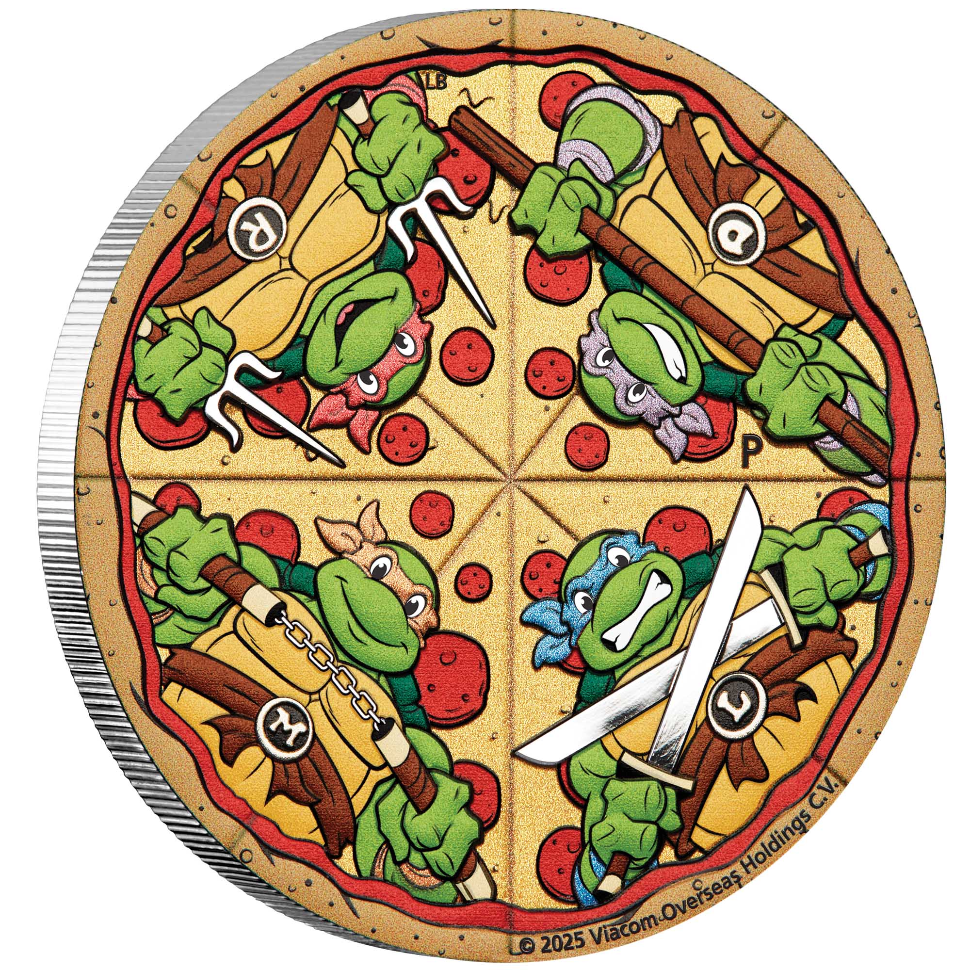 01 Teenage Mutant Ninja Turtles– Pizza 2oz Silver Coloured Coin OnEdge HighRes
