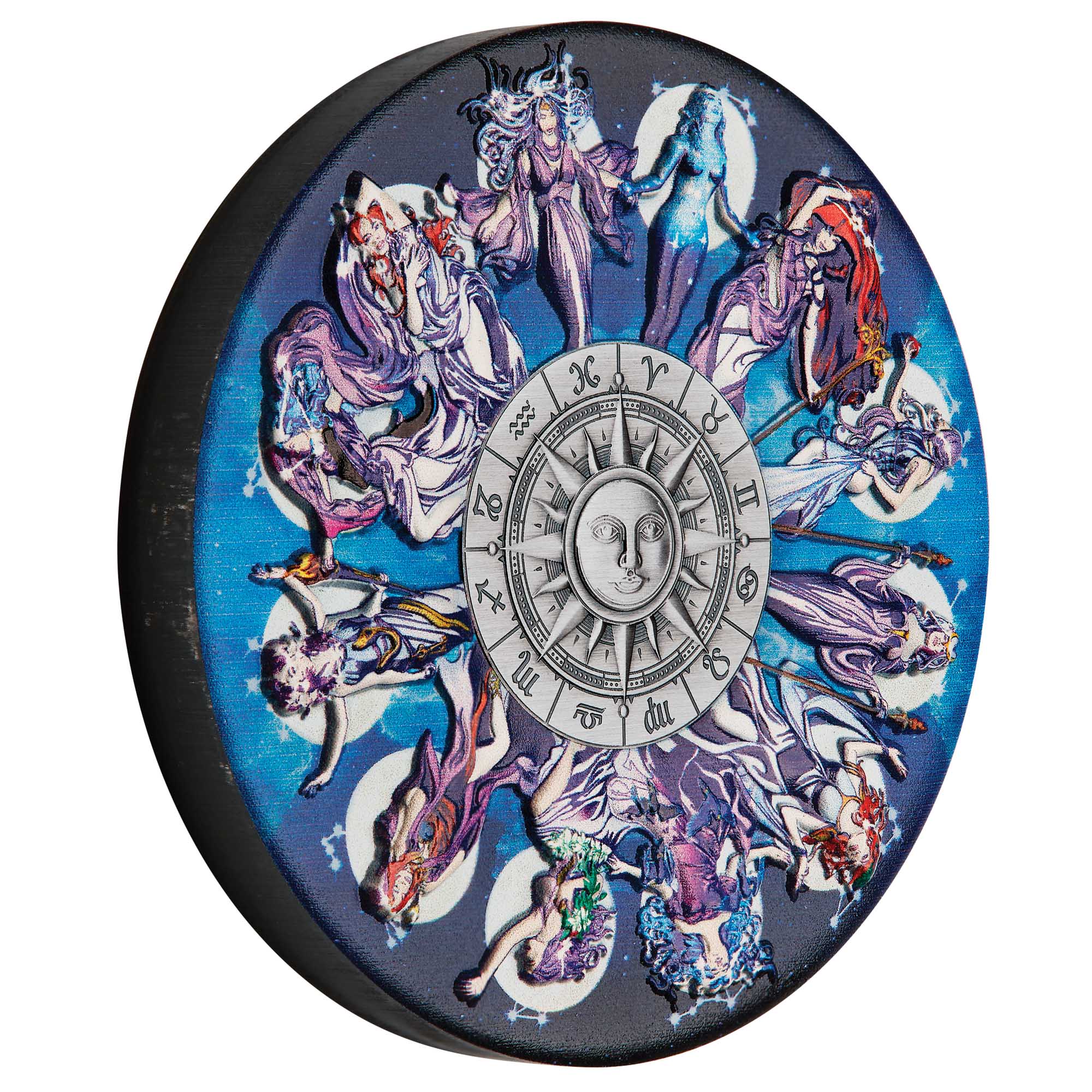 01 Zodiac Signs and Goddesses 2025 5oz Silver Antiqued Coloured Coin On Edge HighRes
