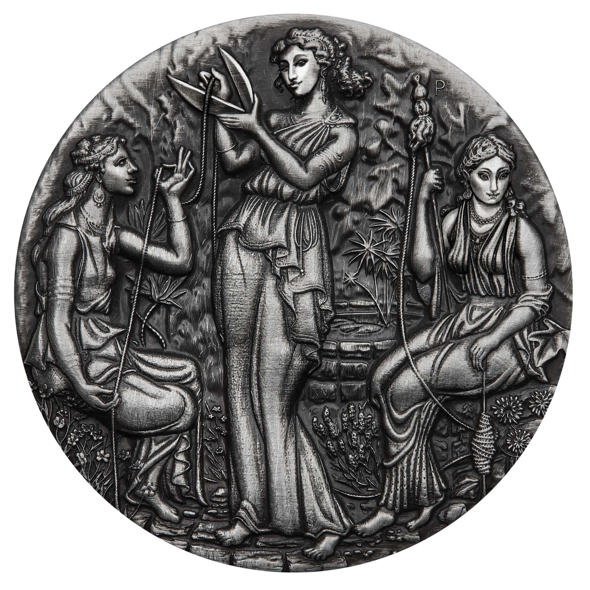 02 Fate The Moirai 2025 2oz Silver Antiqued High Relief Coin straight on HighRes