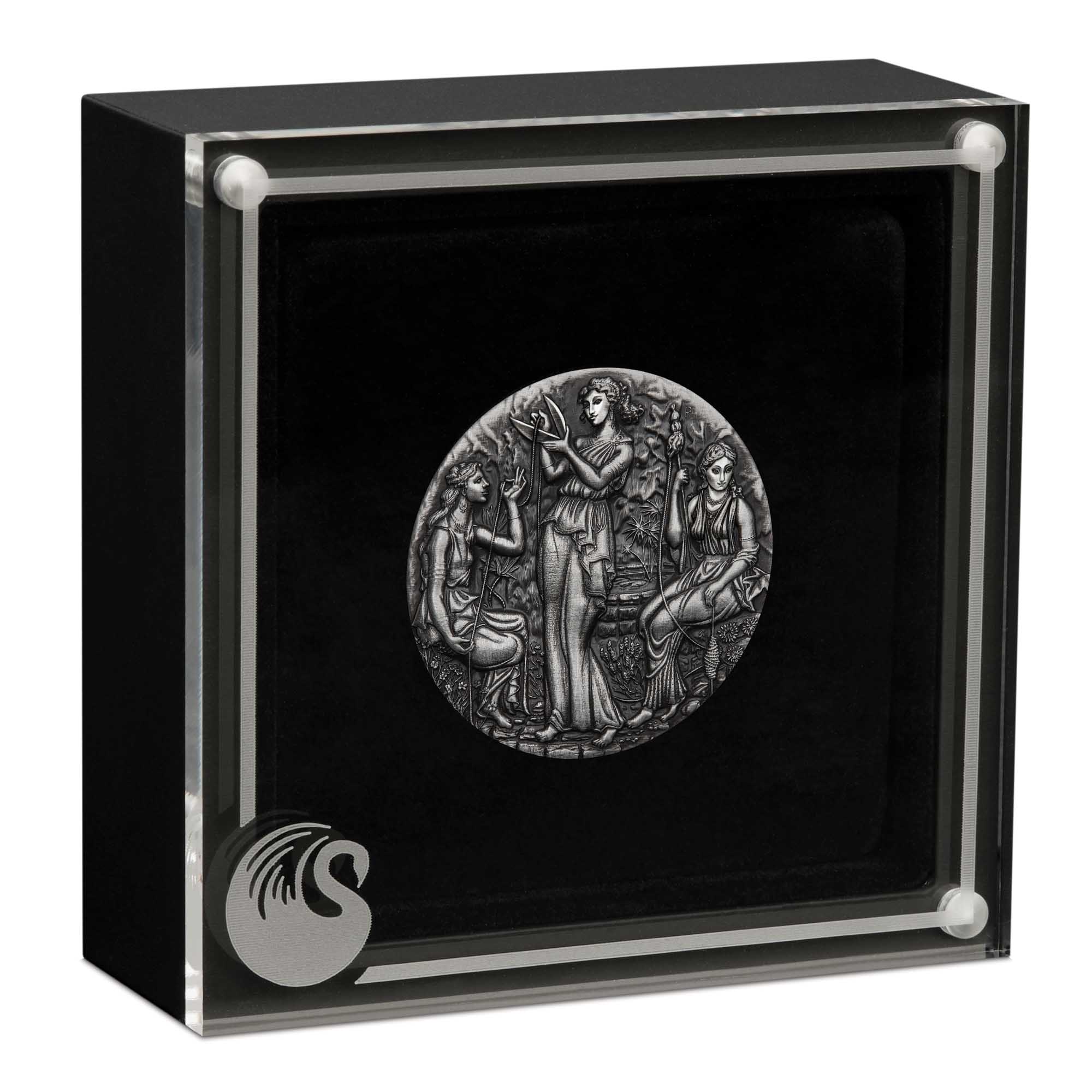 04 Fate The Moirai 2025 2oz Silver Antiqued High Relief Coin in case HighRes