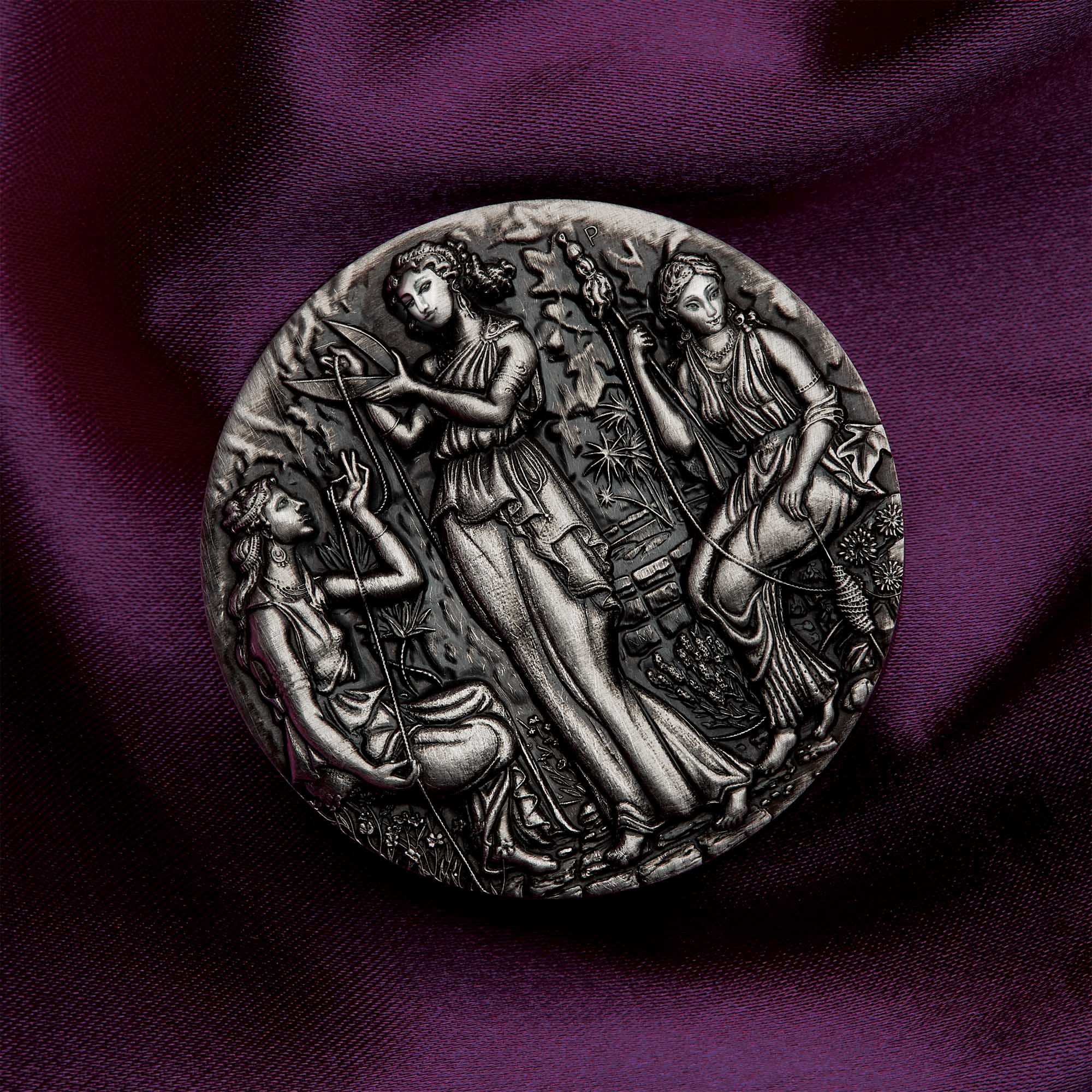 09 Fate The Moirai 2025 2oz Silver Antiqued High Relief Coin Macro 1 HighRes