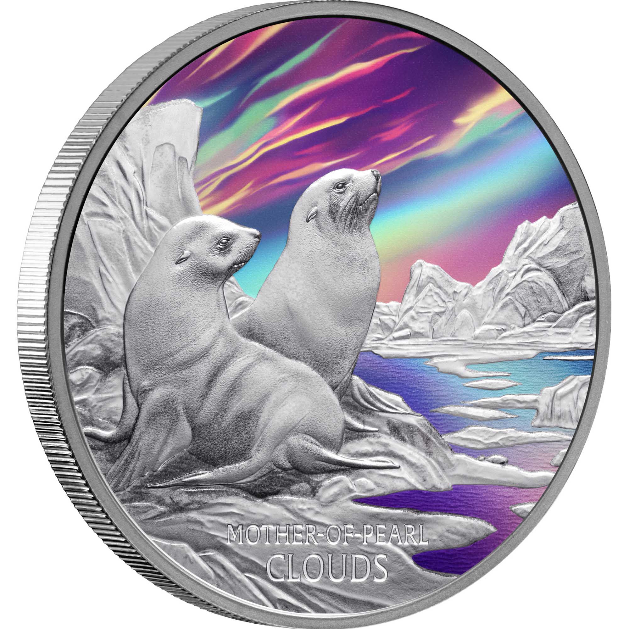 1 25V30AAA Mother of Pearl Clouds 2025 1oz Silver Proof Coloured Coin RevOnEdge