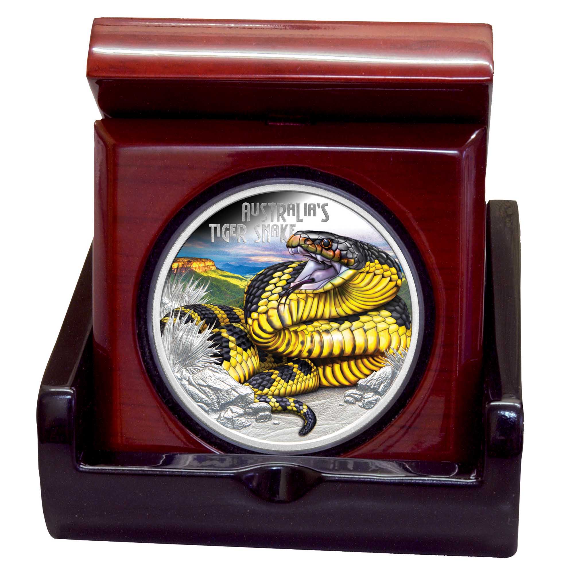 04 40440 DEADLY & DANGEROUS 2025 $1 TIGER SNAKE 1OZ SILVER PROOF COIN Box Front