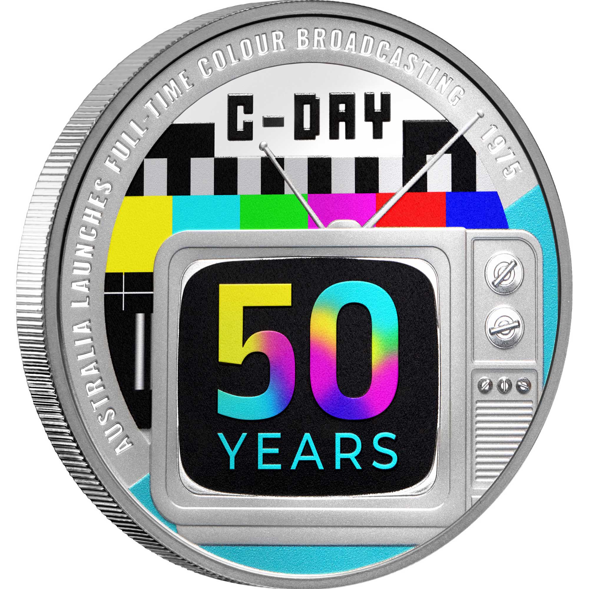 1 Colour TV in Australia 50th Anniversary 2025 $1 1oz Silver Proof Coin Rev Left