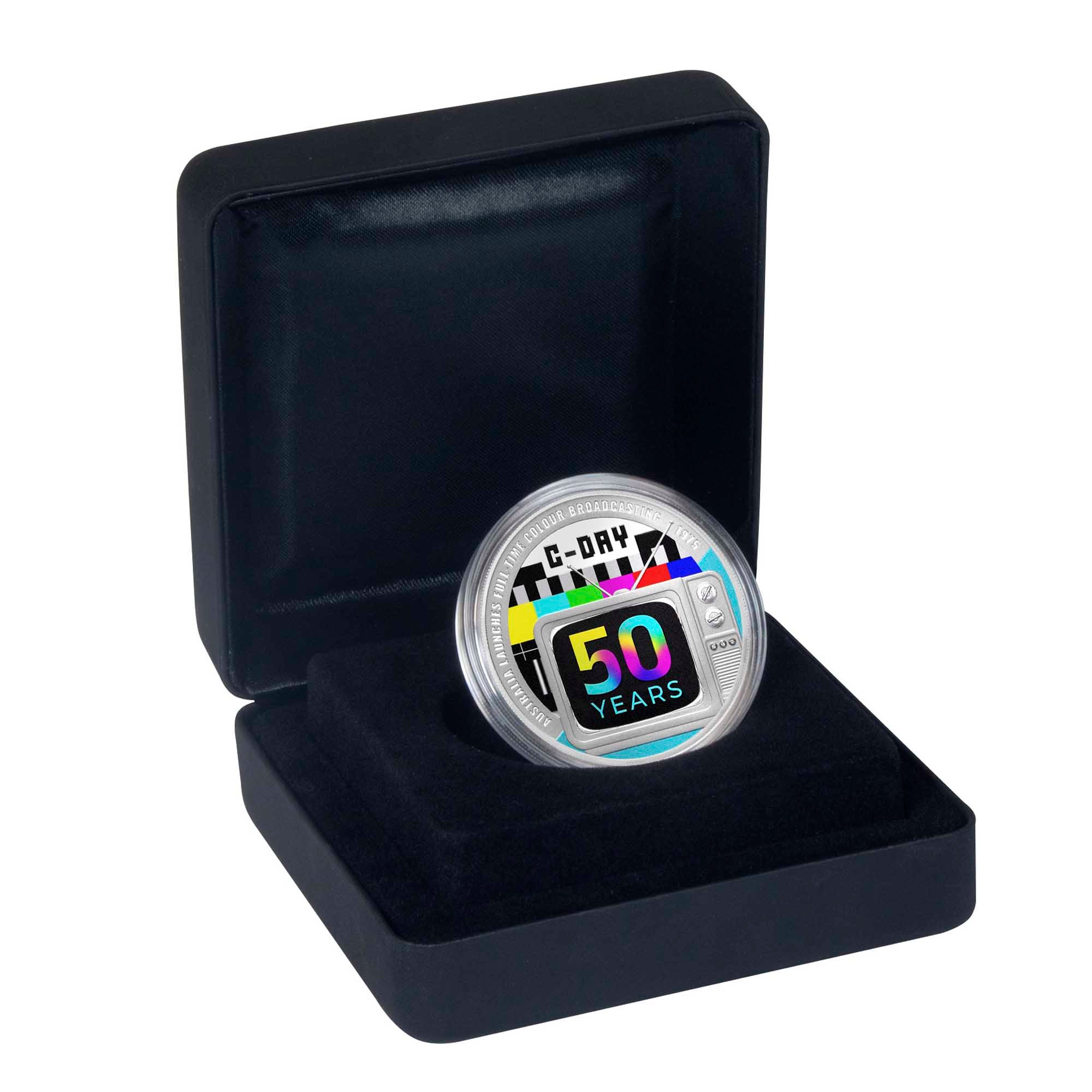 4 Colour TV in Australia 50th Anniversary 2025 $1 1oz Silver Proof Coin Box Left