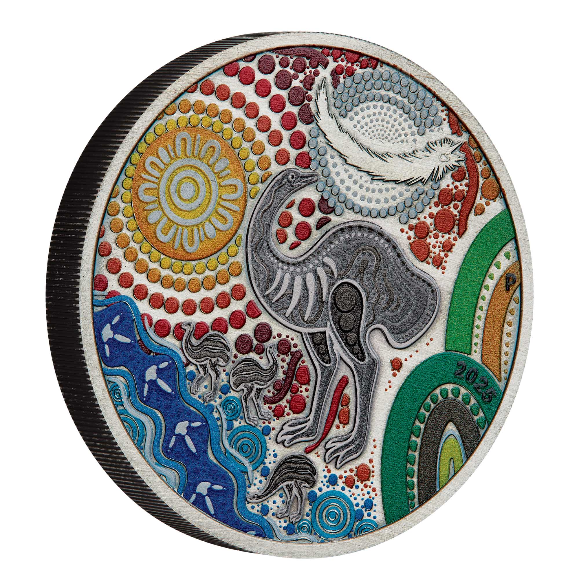 01 Indigenous Emu 2025 2oz Silver Antiqued Coloured Coin On Edge HighRes