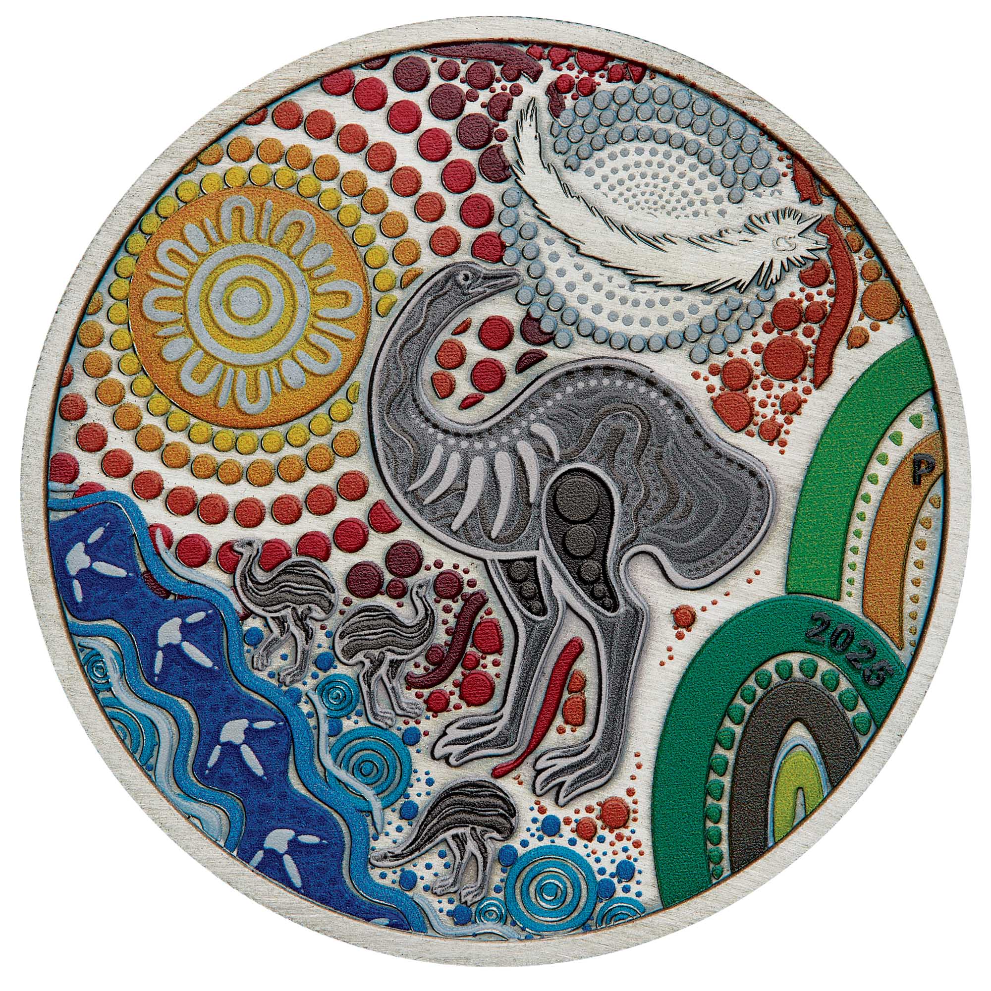 02 Indigenous Emu 2025 2oz Silver Antiqued Coloured Coin straight on HighRes