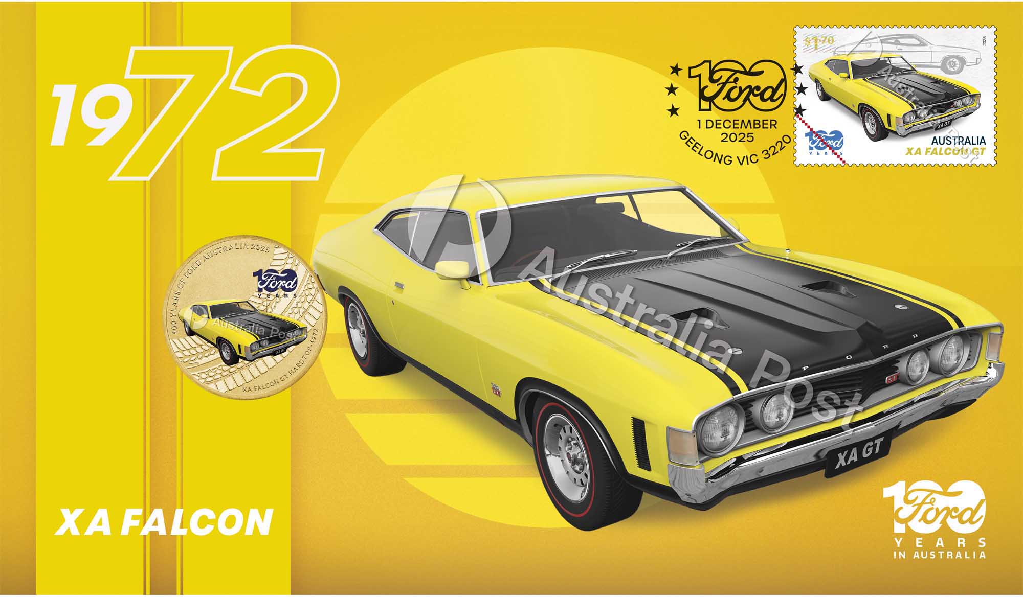 6 25V91CAD 100 Years of Ford Australia XA Falcon 2025 Stamp and Coin Cover PNCFrontCropped
