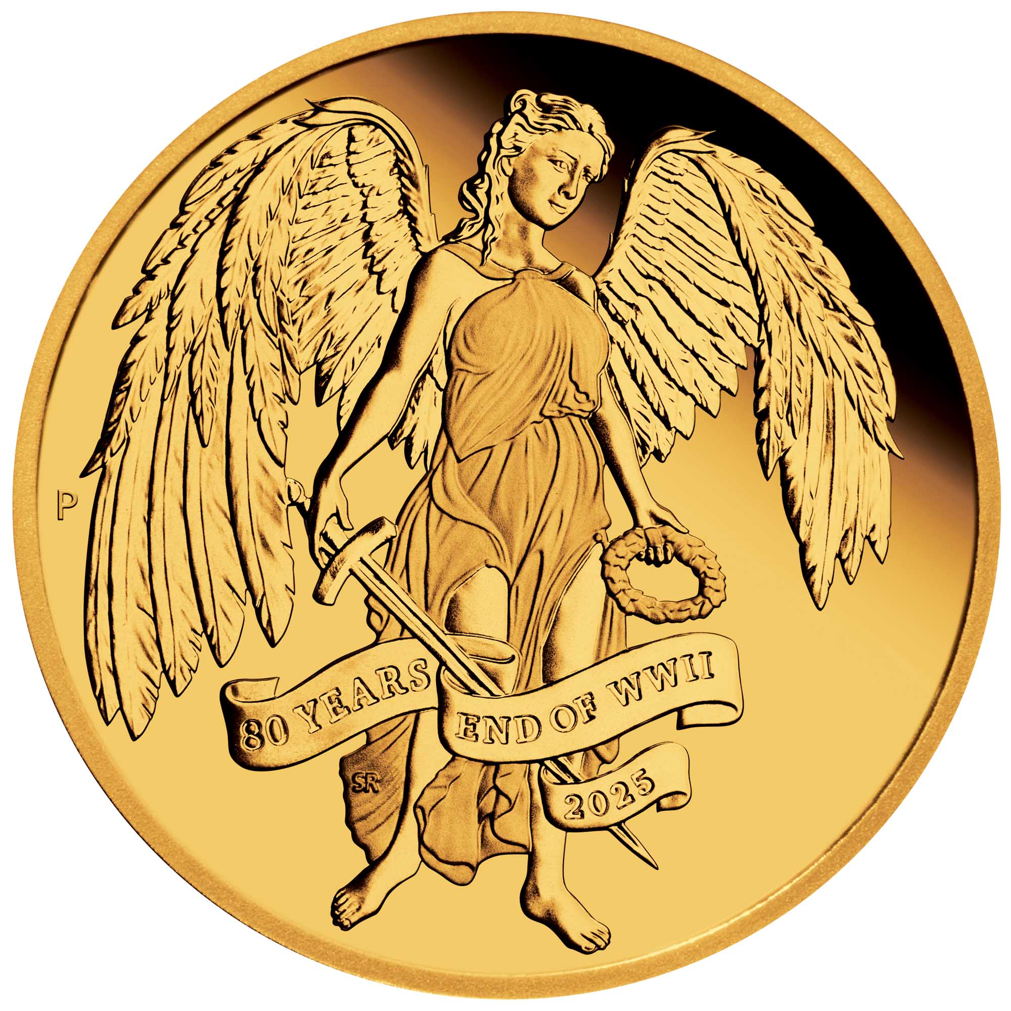 07 80th Anniversary End Of WWII Winged Victory 2025 Gold Proof Coin straight on HighRes