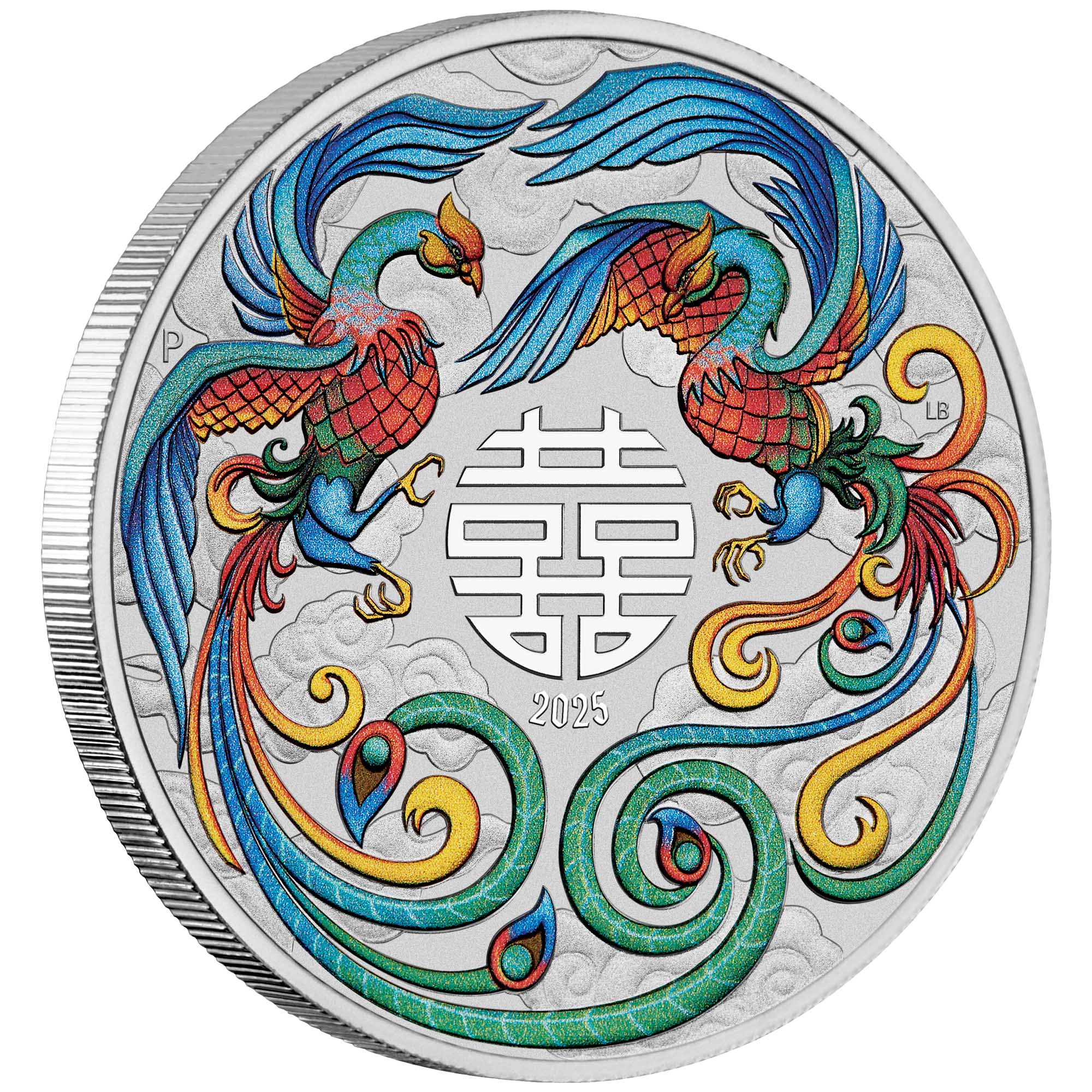 04 2025 Double Phoenix 1oz Silver Vivid Coloured Coin in Card On Edge HighRes