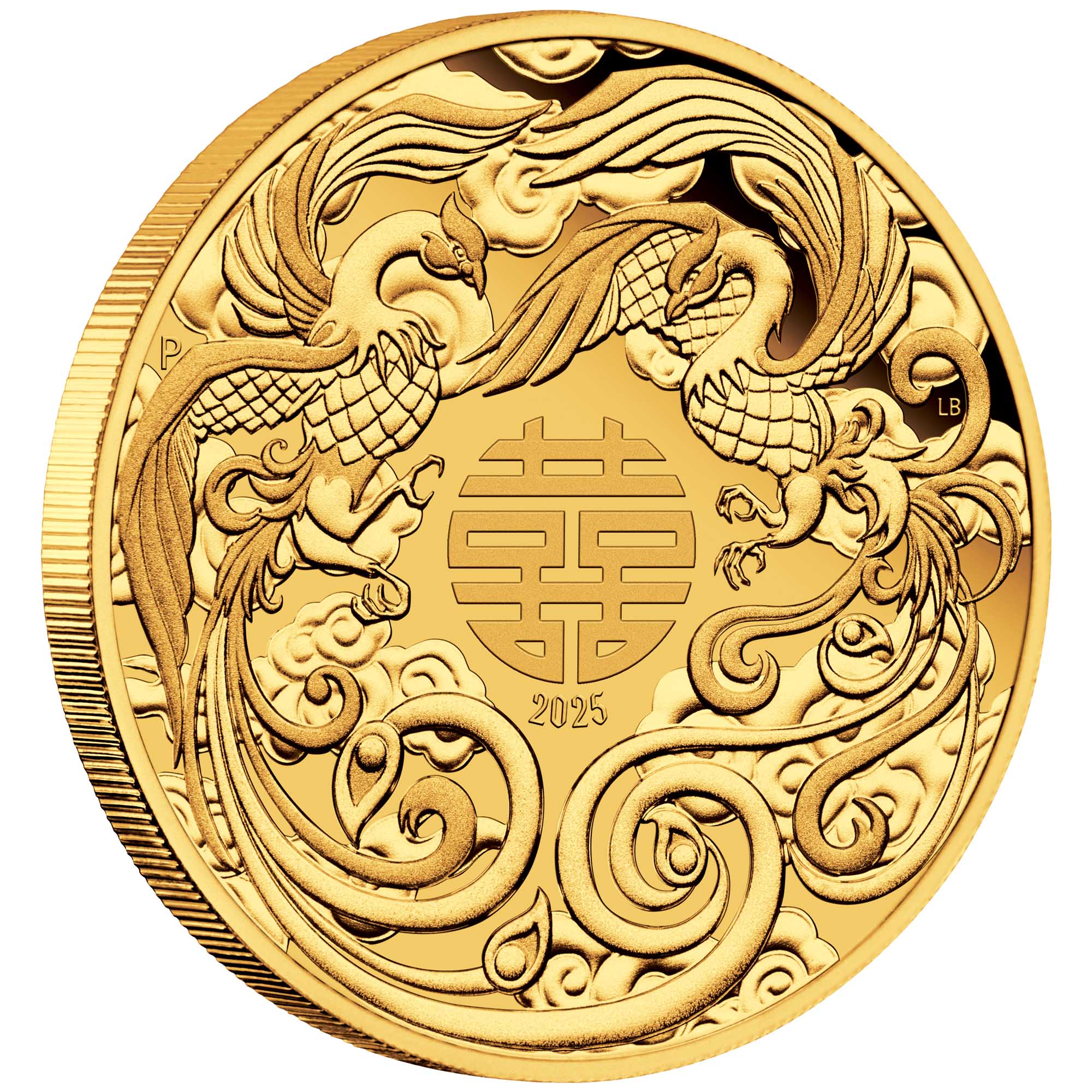 01 Chinese Myth & Legends Double Phoenix 2025 1oz Gold Proof Coin On Edge HighRes