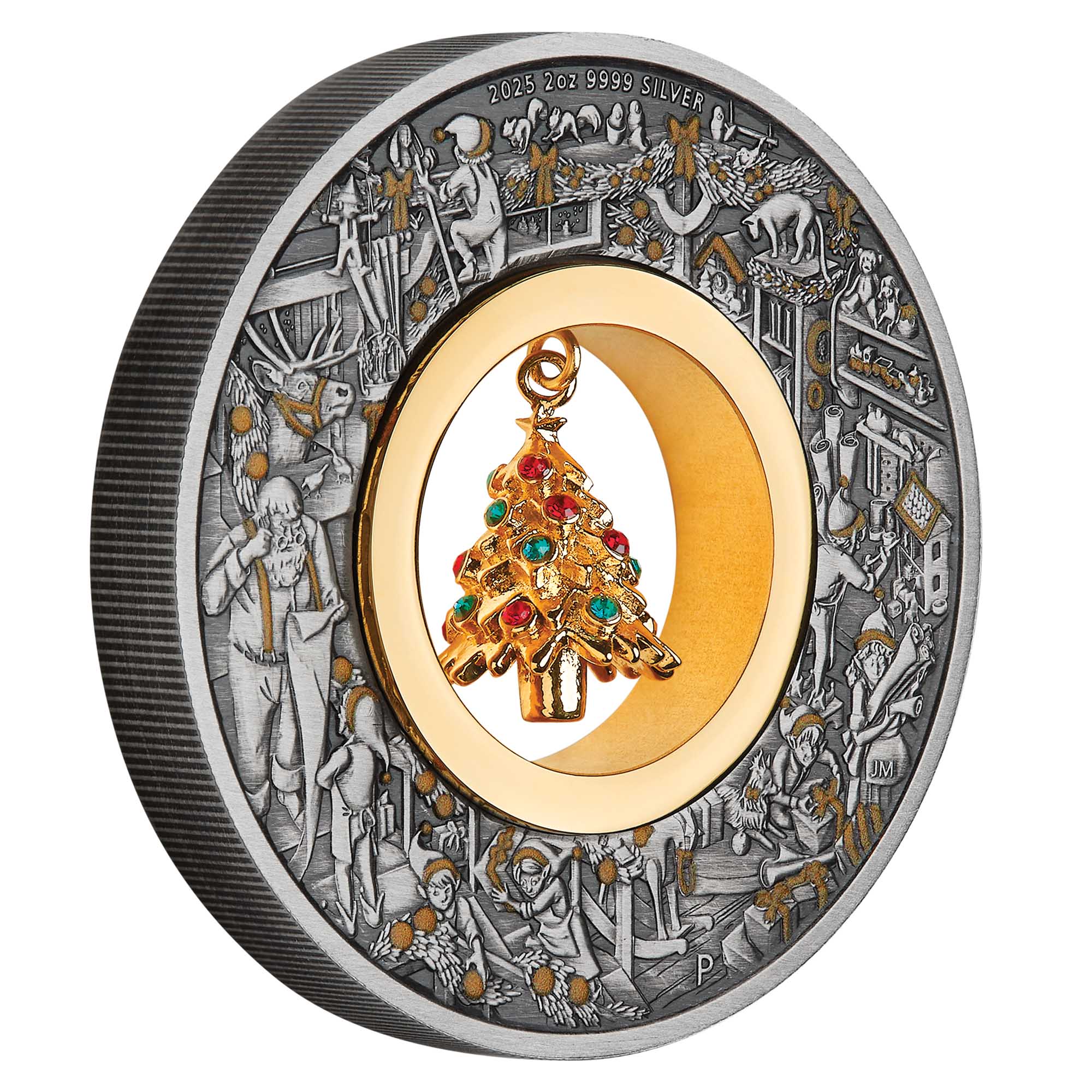 01 Santa’s Workshop 2025 2oz Silver Antiqued Coloured Coin on edge HighRes